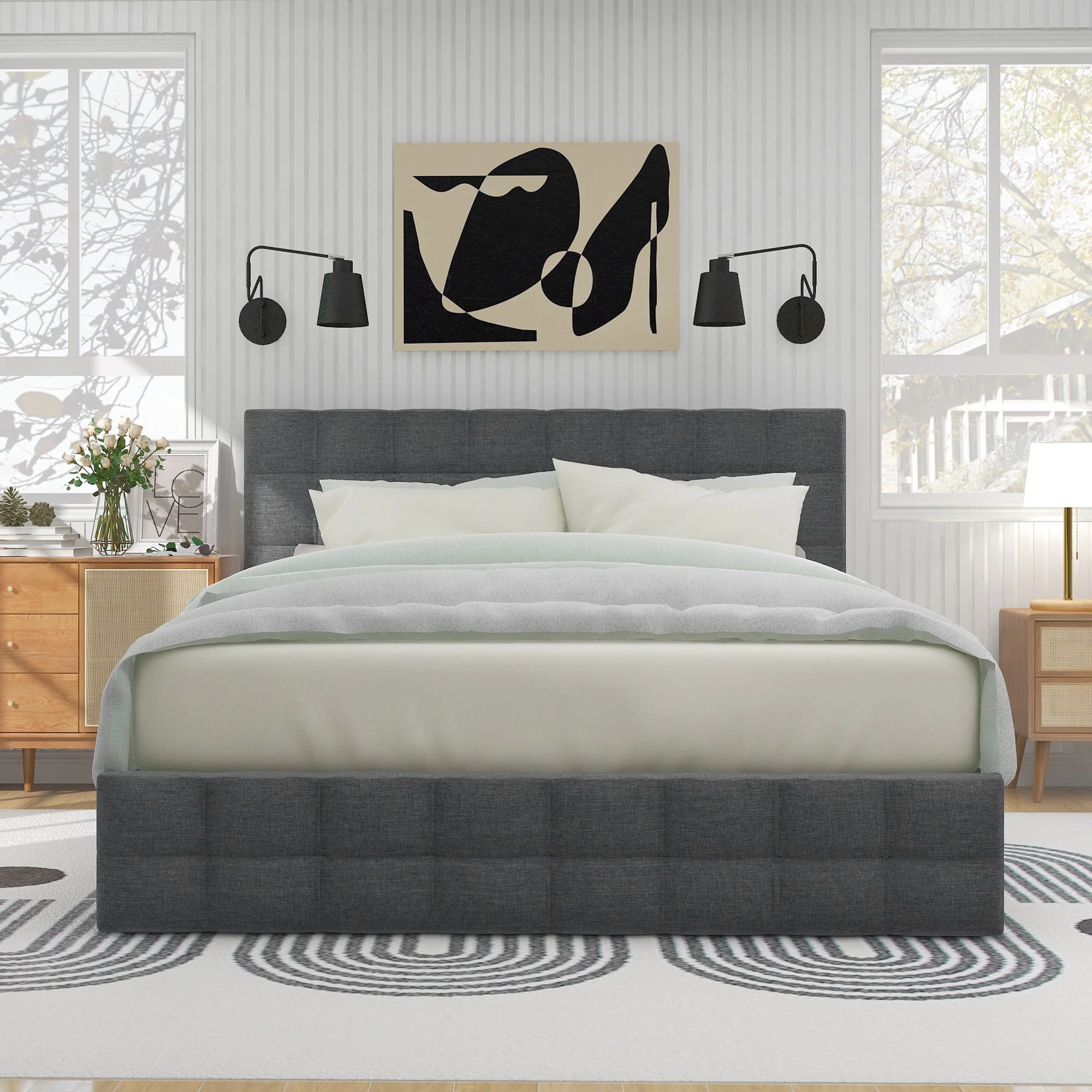 Upholstered Double Bed with 4 Drawers, Adjustable Headboard and Mattress, 140x200cm, Grey Linen - Image 5