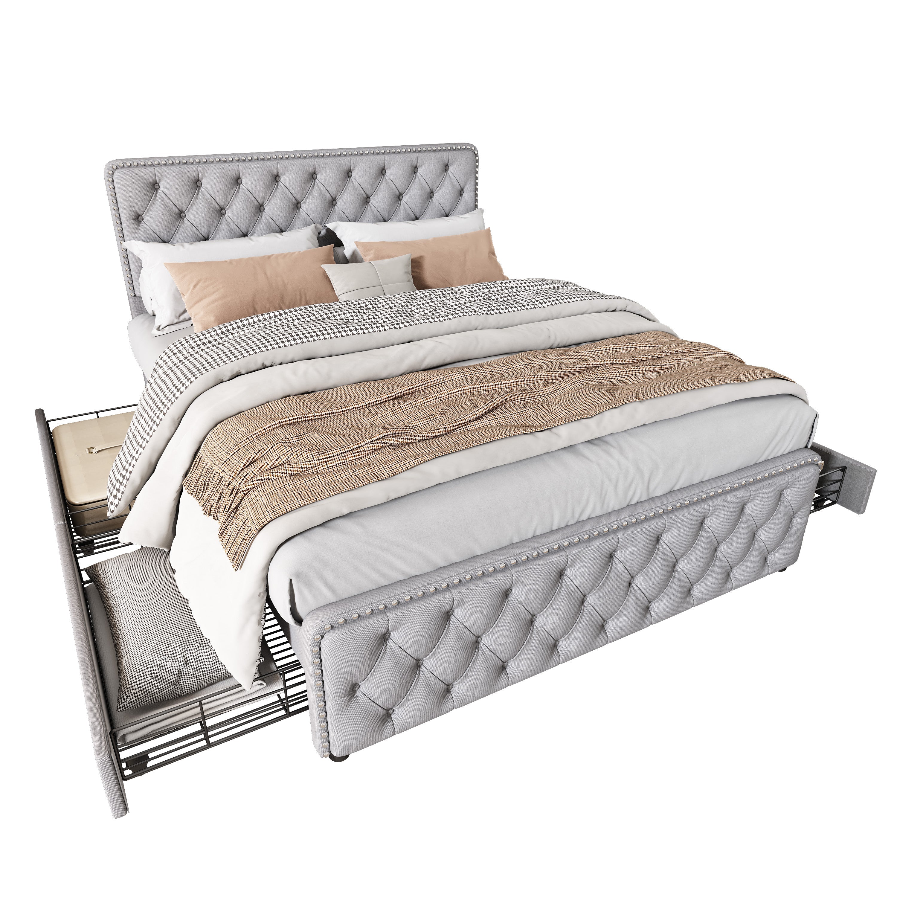 Upholstered Double Bed with 4 Drawers and Height-Adjustable Headboard, 140x190cm, Light Grey Linen - Image 8