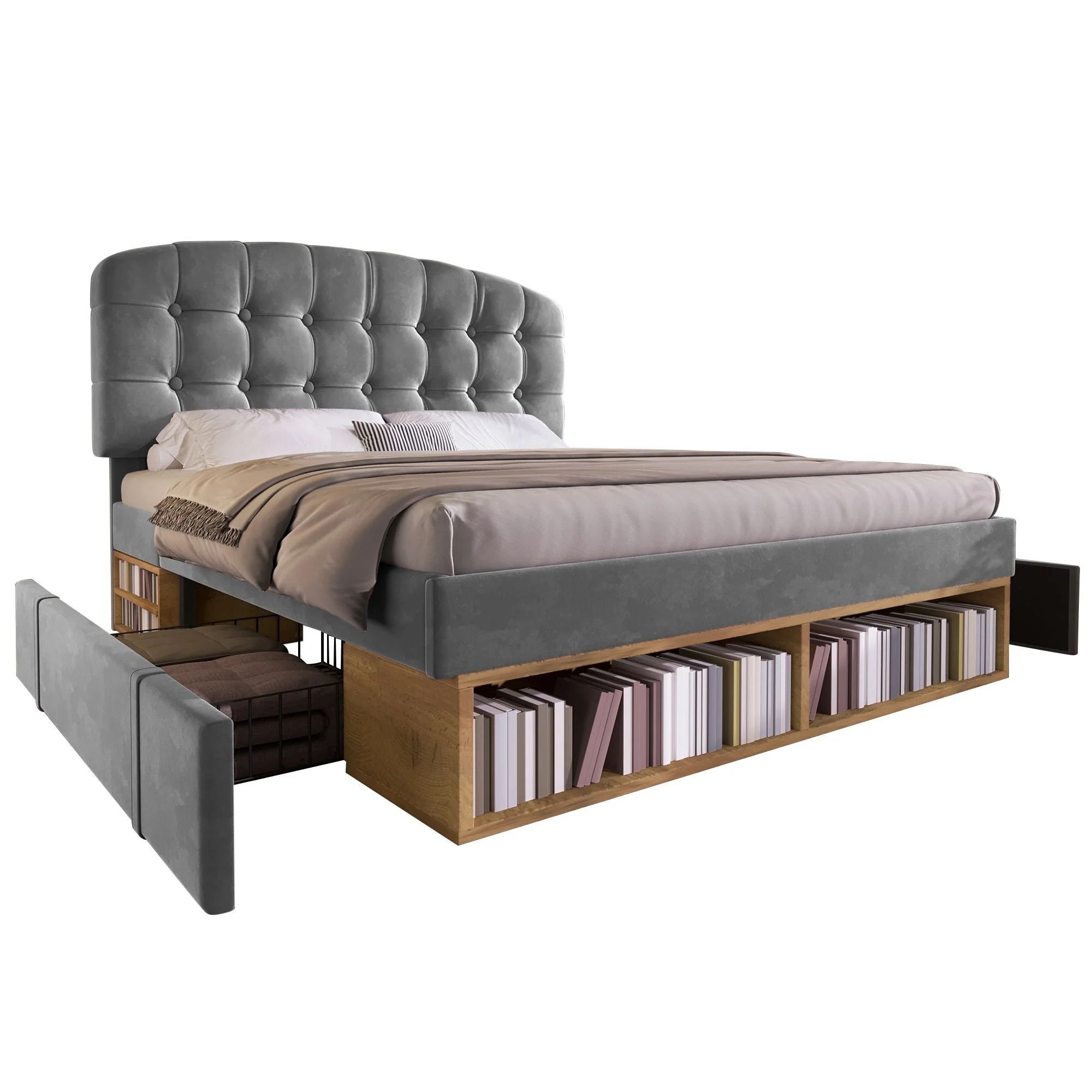 Upholstered Double Bed with Drawers, Storage and Adjustable Headboard, 140x190cm, Grey Velvet - Image 8