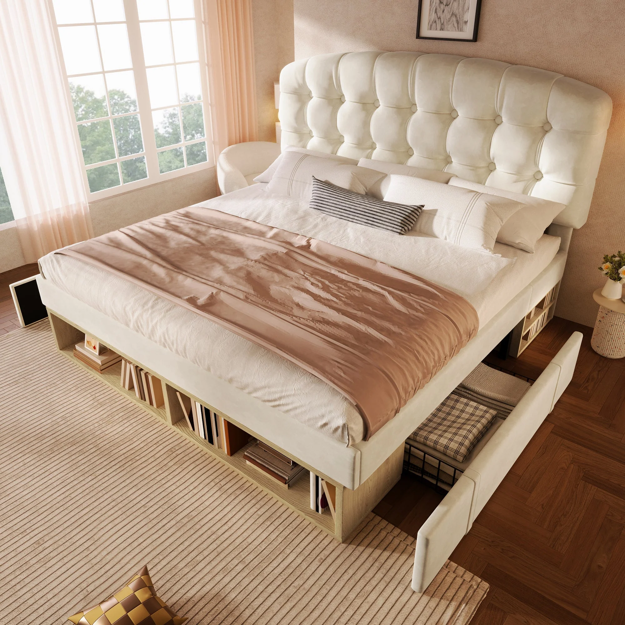 Upholstered Double Bed with Drawers, Storage and Adjustable Headboard, 140x200cm, Beige Velvet