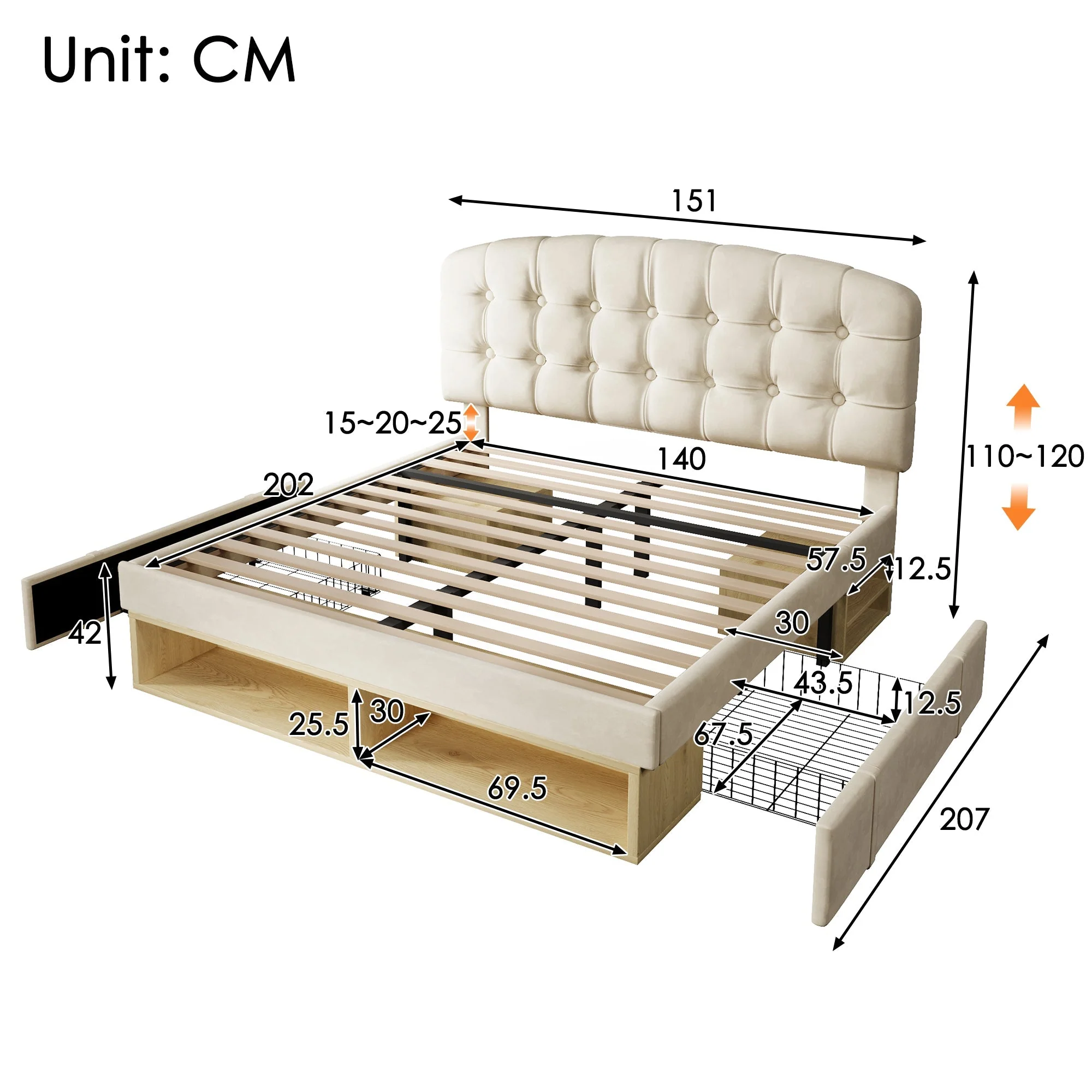 Upholstered Double Bed with Drawers, Storage and Adjustable Headboard, 140x200cm, Beige Velvet - Image 2