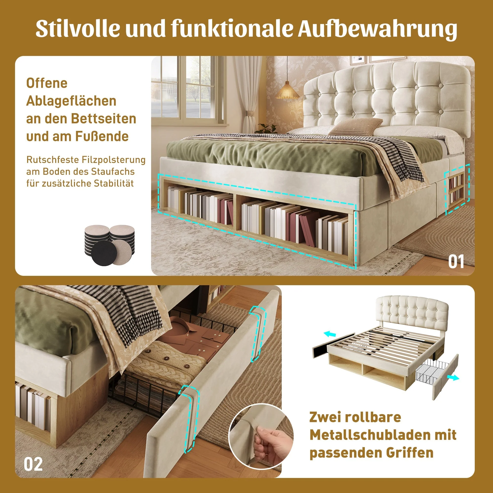 Upholstered Double Bed with Drawers, Storage and Adjustable Headboard, 140x200cm, Beige Velvet - Image 5