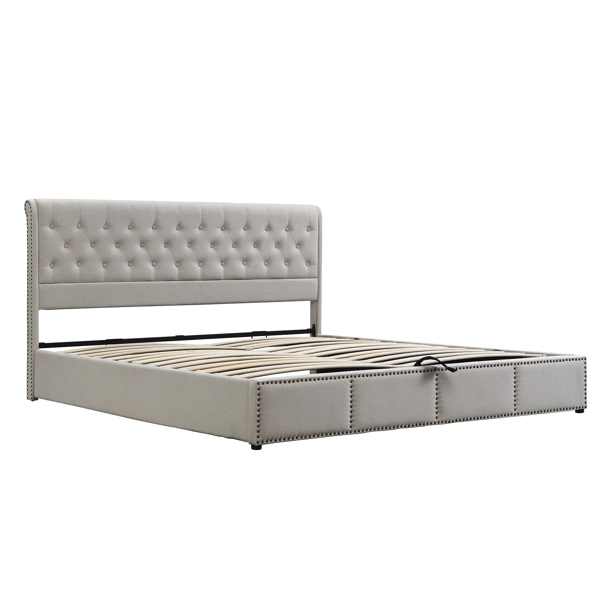 Upholstered Double Bed with Hydraulic Lift & Storage, Rivet Decoration, Velvet Light Grey - Image 8