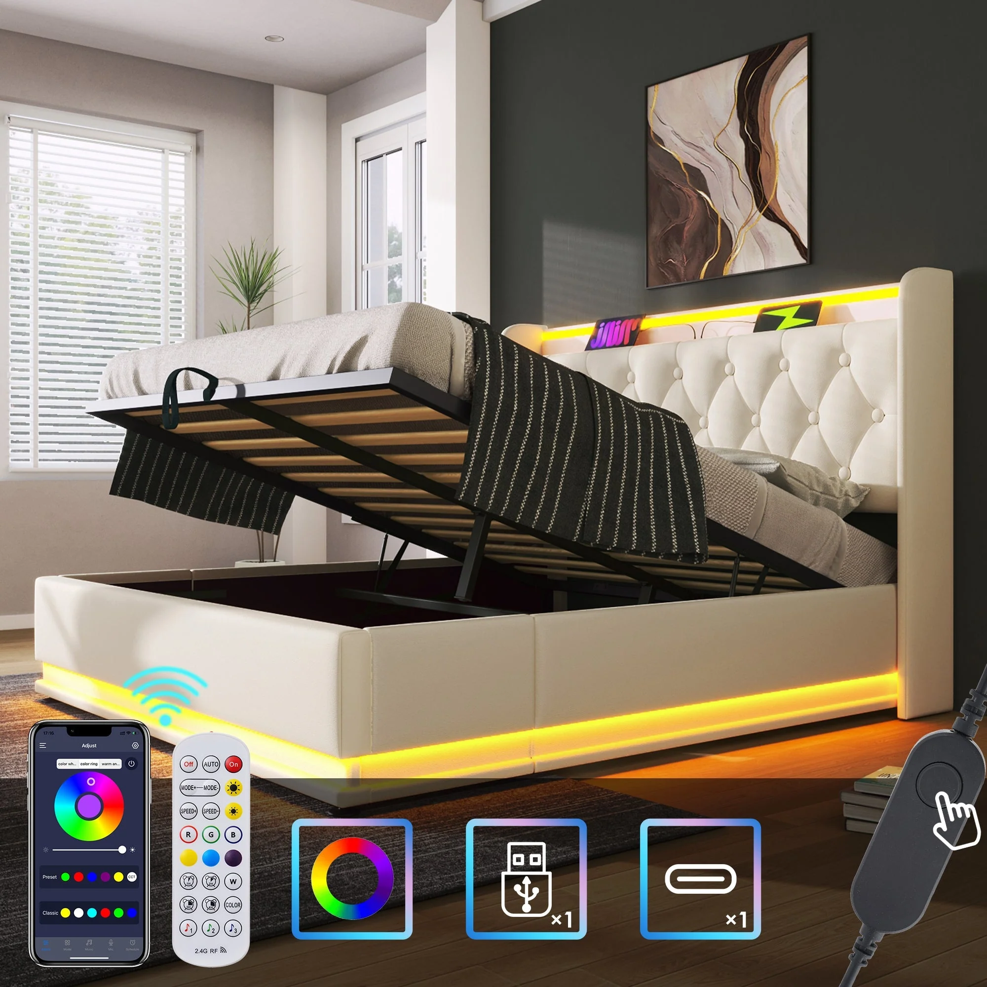 Upholstered Double Bed with Hydraulic Storage, 360 Degree LED and USB C Charging, 180x200cm, White PU Leather