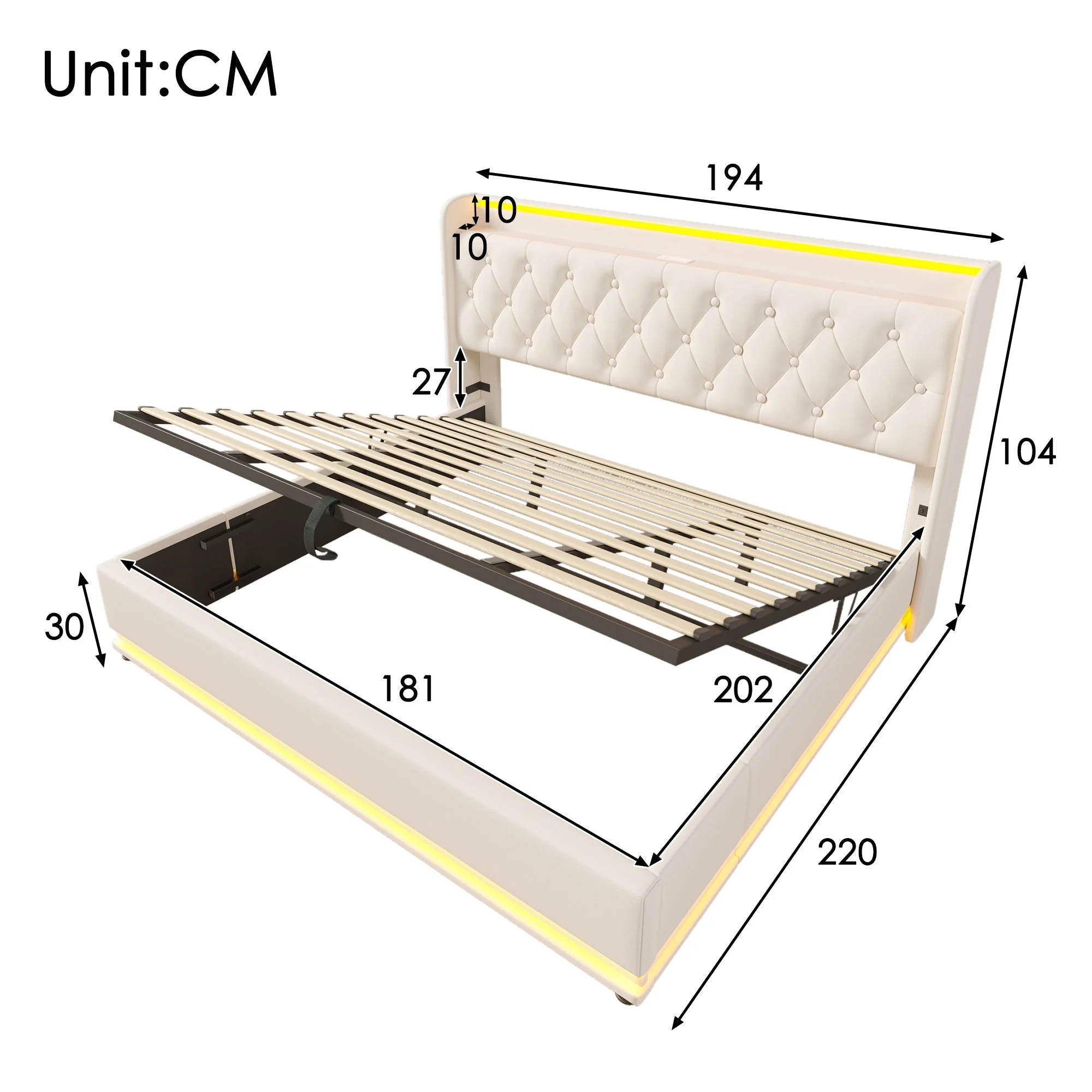 Upholstered Double Bed with Hydraulic Storage, 360 Degree LED and USB C Charging, 180x200cm, White PU Leather - Image 2