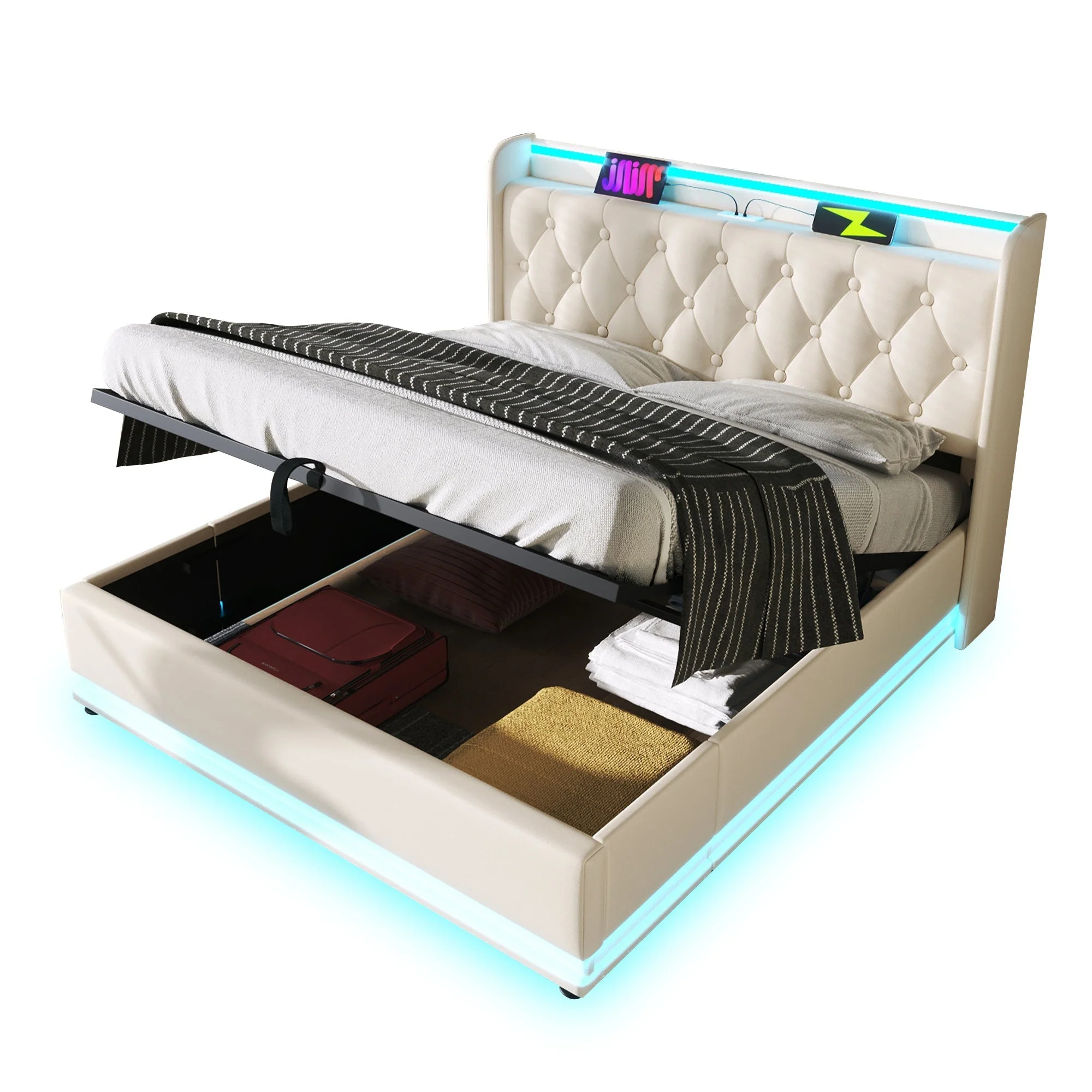 Upholstered Double Bed with Hydraulic Storage, 360 Degree LED and USB C Charging, 180x200cm, White PU Leather - Image 4