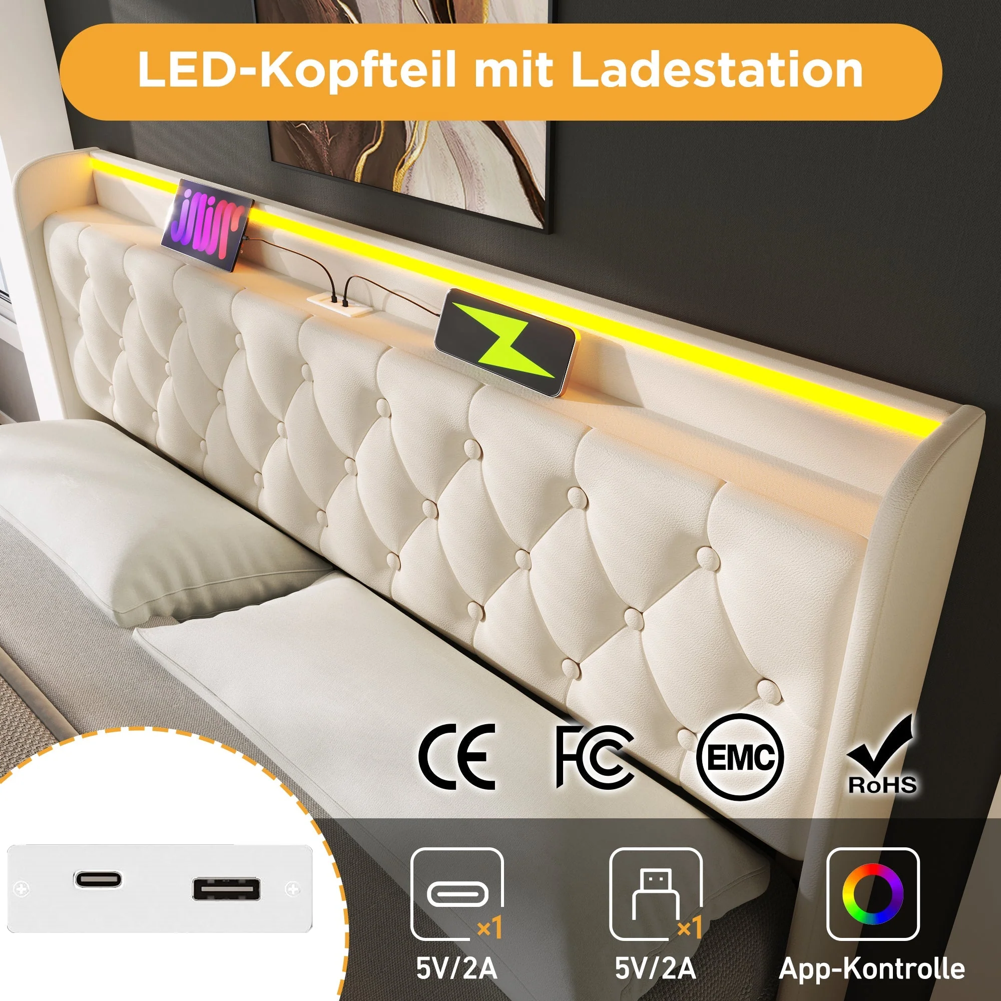 Upholstered Double Bed with Hydraulic Storage, 360 Degree LED and USB C Charging, 180x200cm, White PU Leather - Image 5