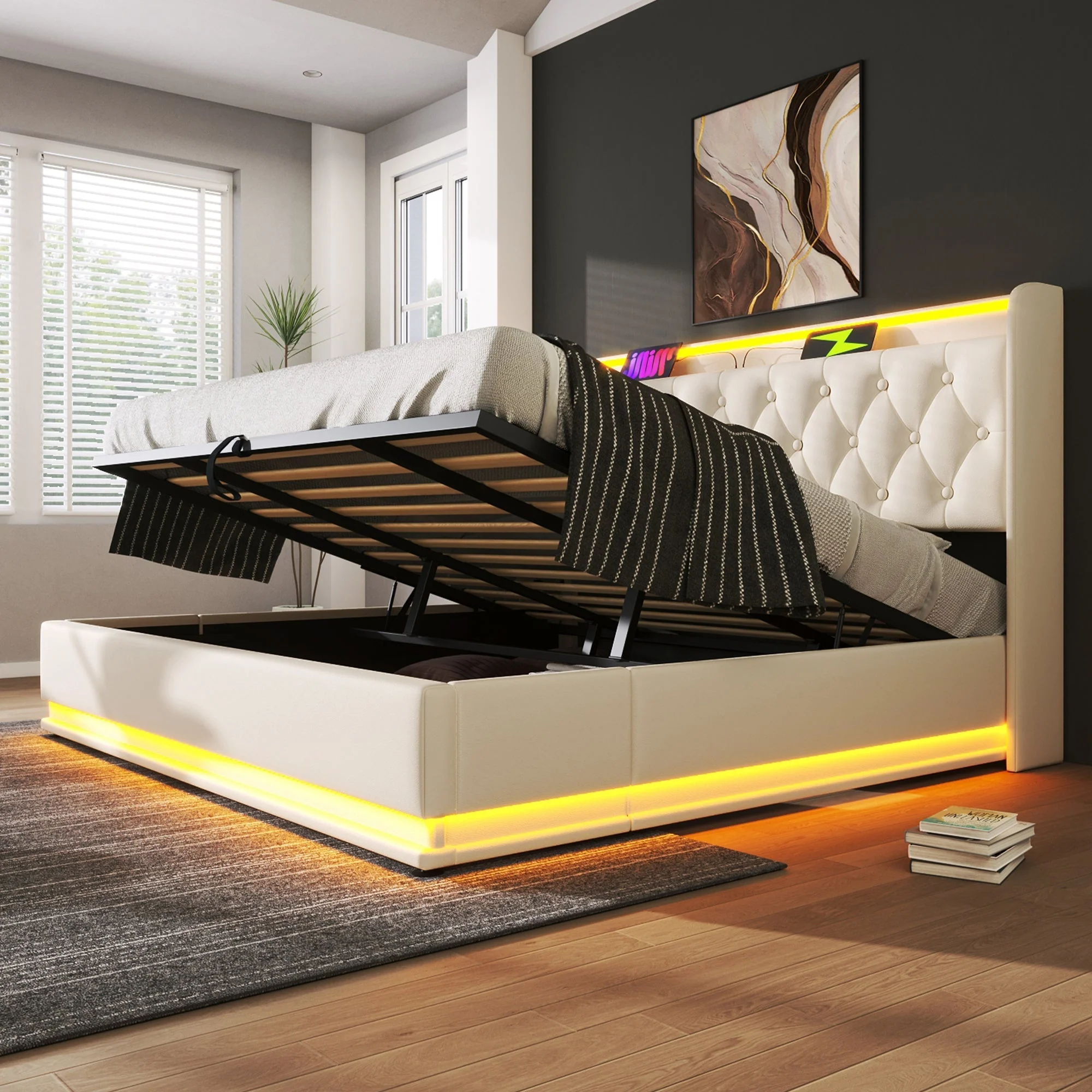 Upholstered Double Bed with Hydraulic Storage, 360 Degree LED and USB C Charging, 180x200cm, White PU Leather - Image 7