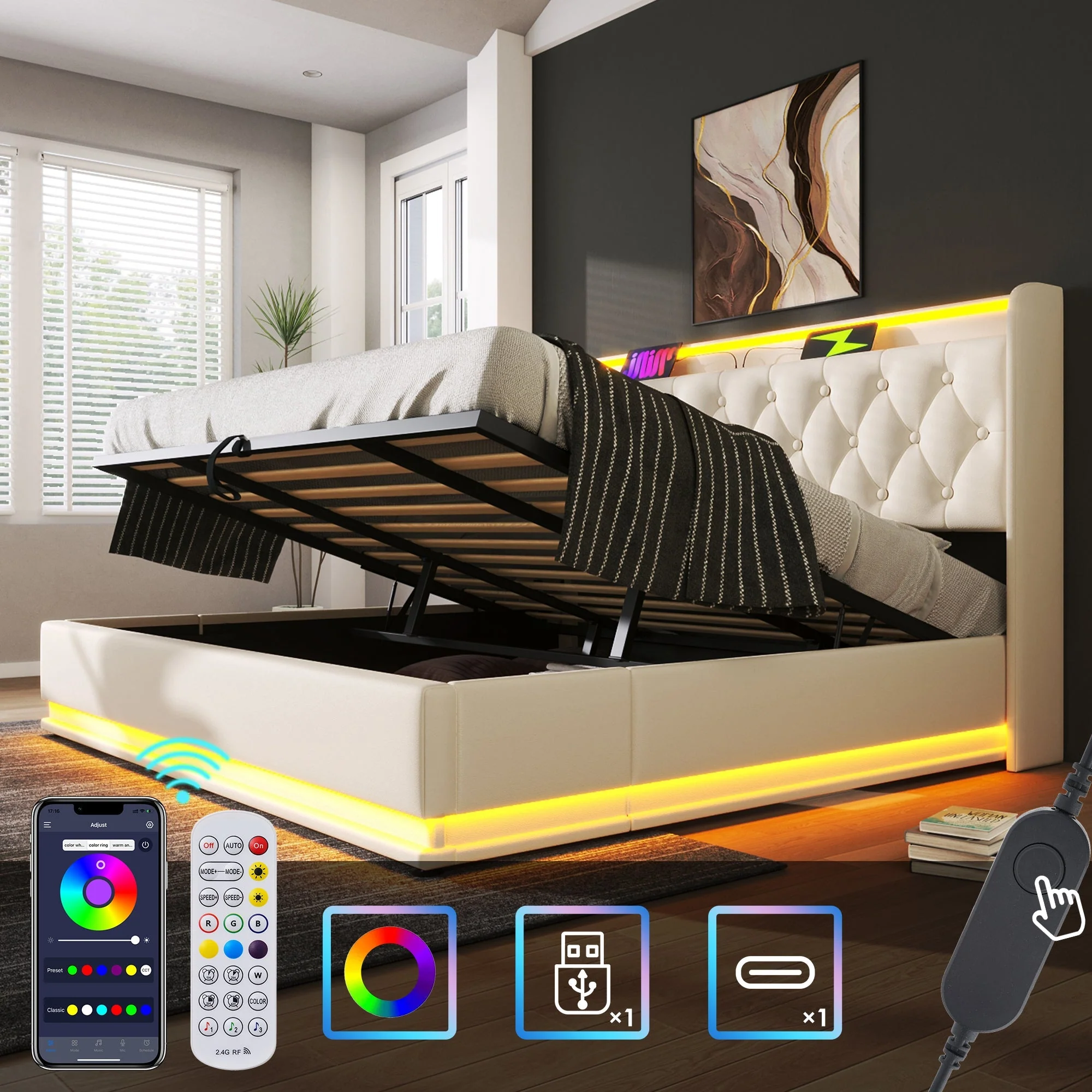 Upholstered Double Bed with Hydraulic Storage, 360 Degree LED and USB C Charging, 180x200cm, White PU Leather - Image 9