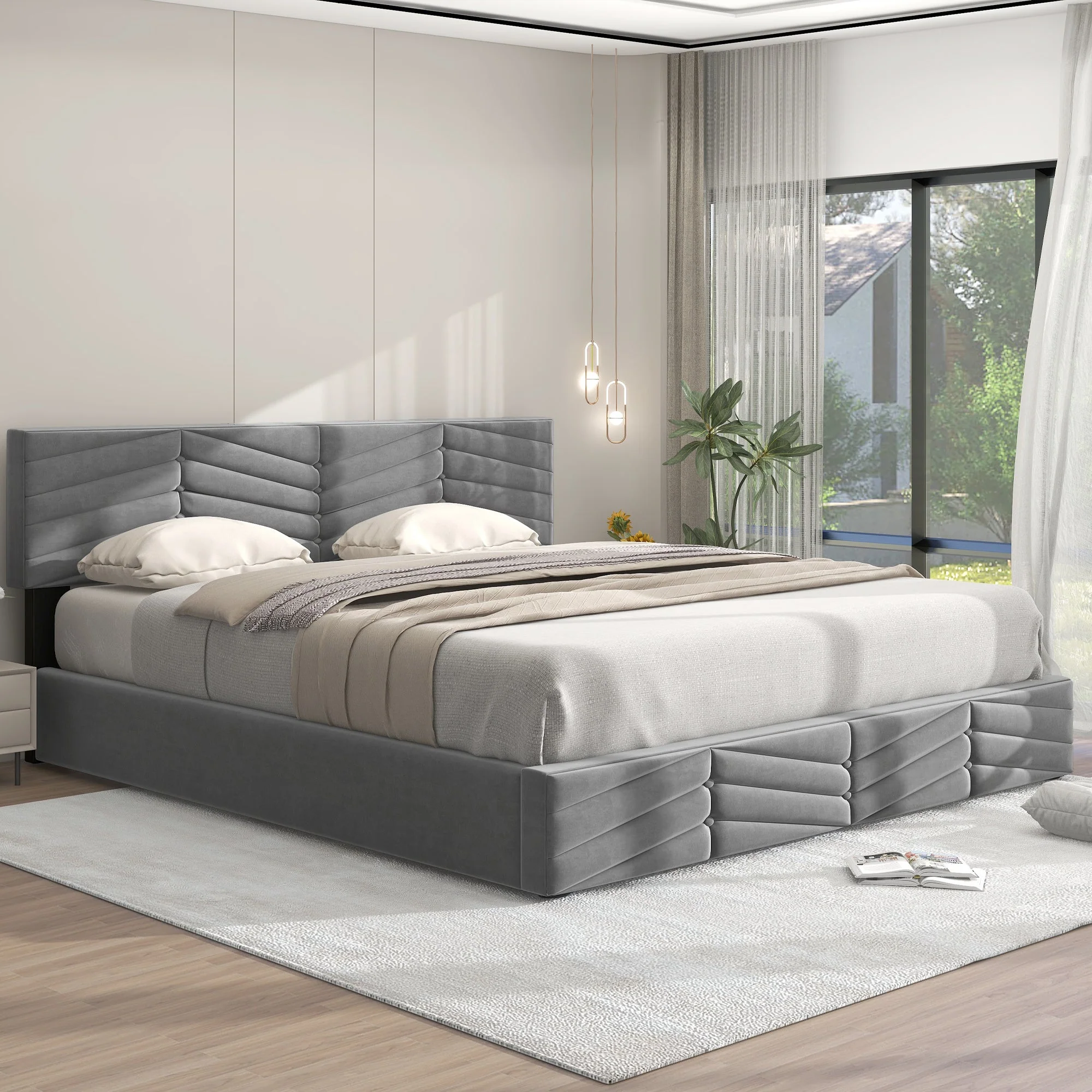 Upholstered Double Bed with Hydraulic Storage and Adjustable Headboard, 160x200cm, Grey Velvet - Image 3