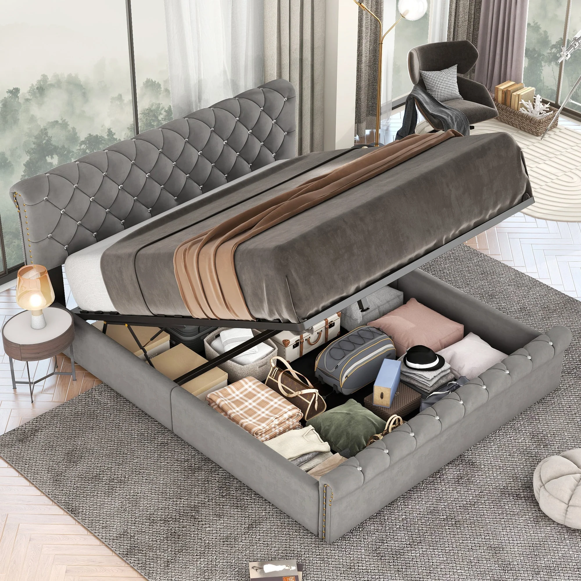 Upholstered Double Bed with Hydraulic Storage and Height-Adjustable Headboard, 140x200cm, Grey Velvet - Image 3