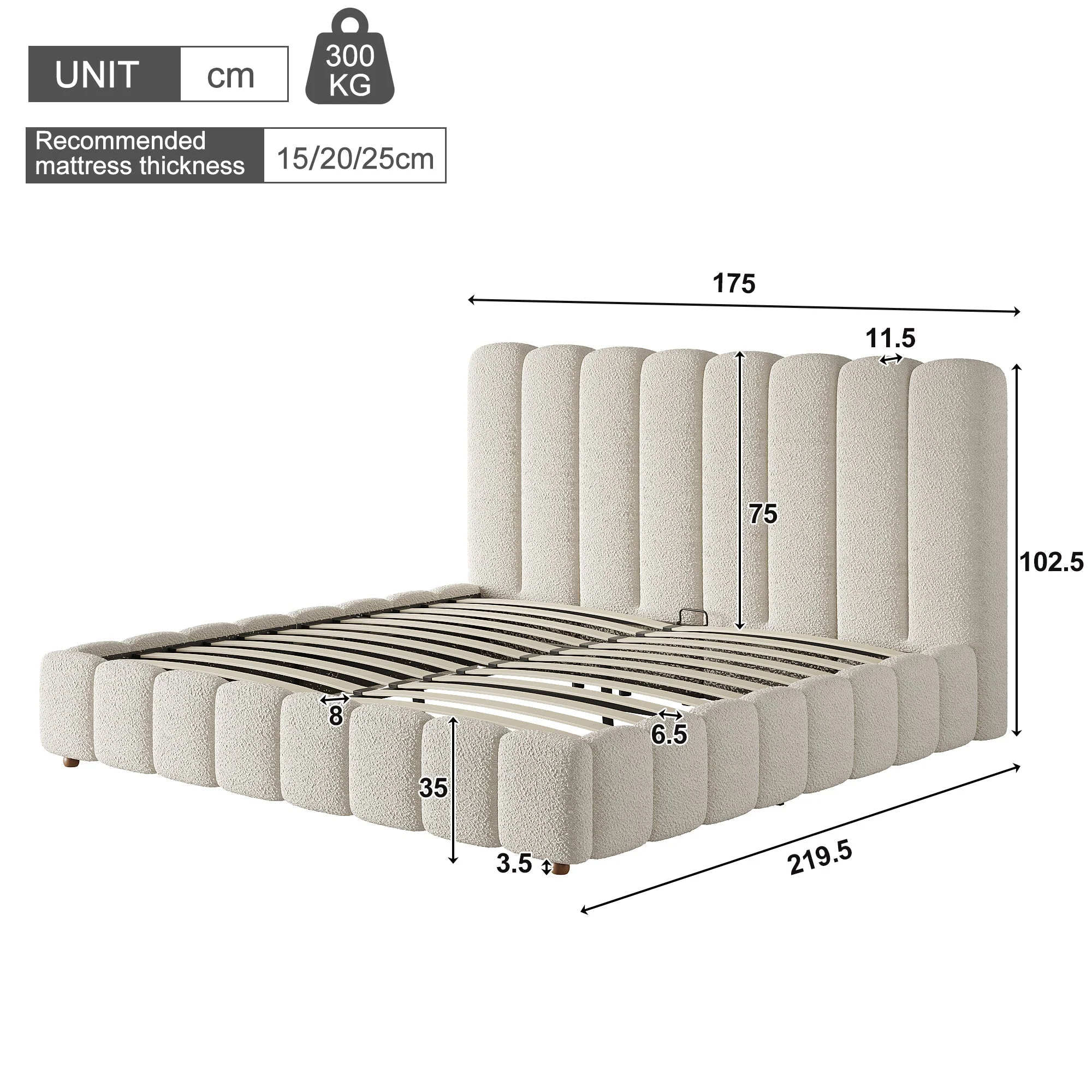 Upholstered Double Bed with Hydraulic Storage and Slatted Frame, 160x200cm, White Bouclé - Image 7