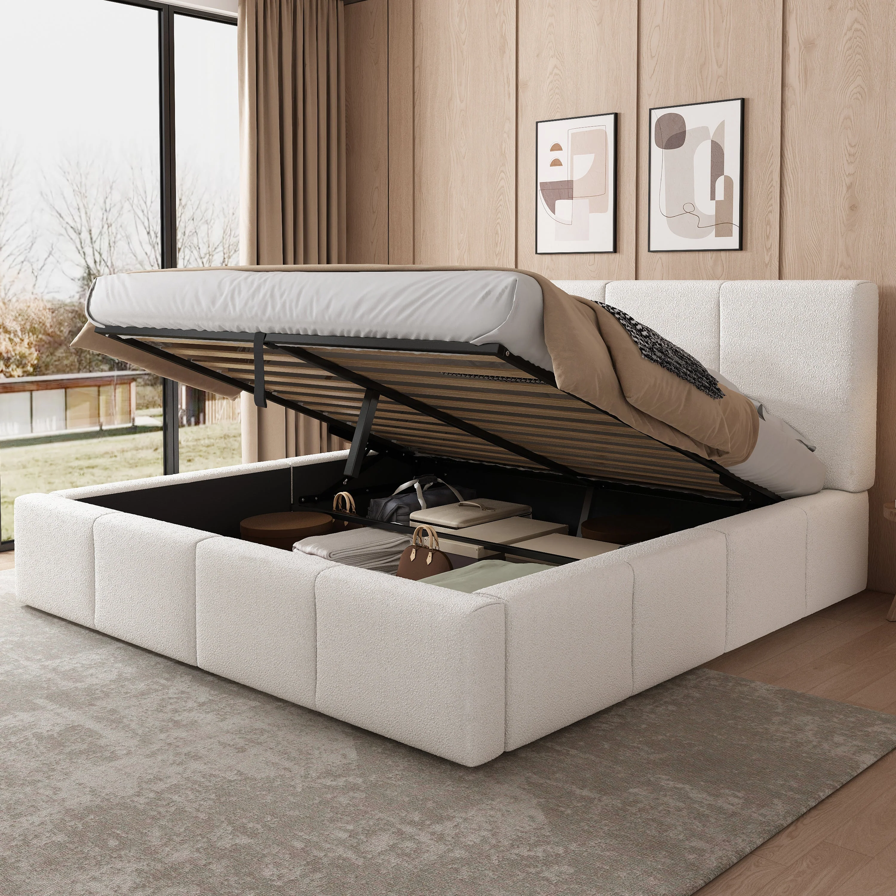 Upholstered Double Bed with Hydraulic Storage and Slatted Frame, 180x200cm, Beige Bouclé