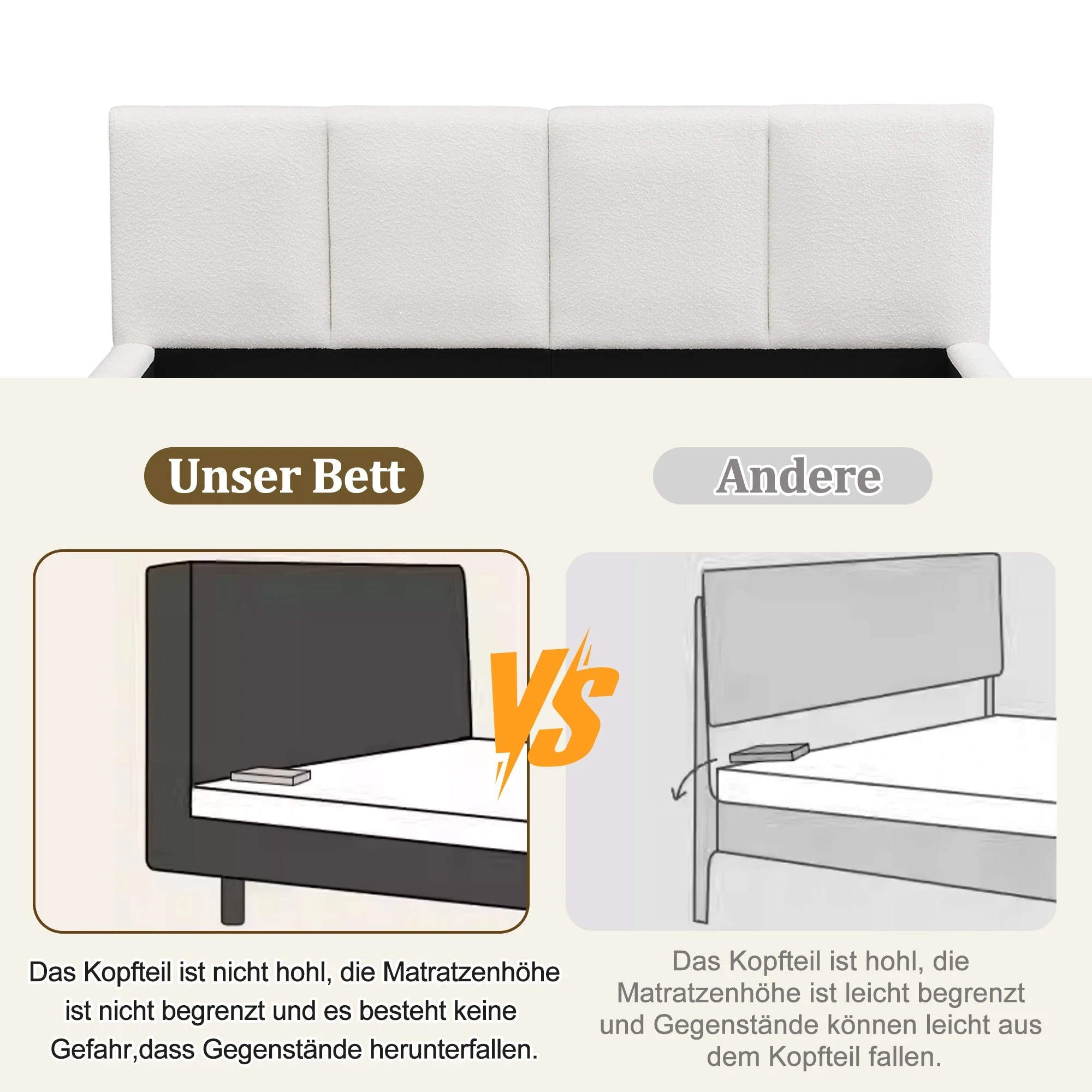 Upholstered Double Bed with Hydraulic Storage and Slatted Frame, 180x200cm, Beige Bouclé - Image 5