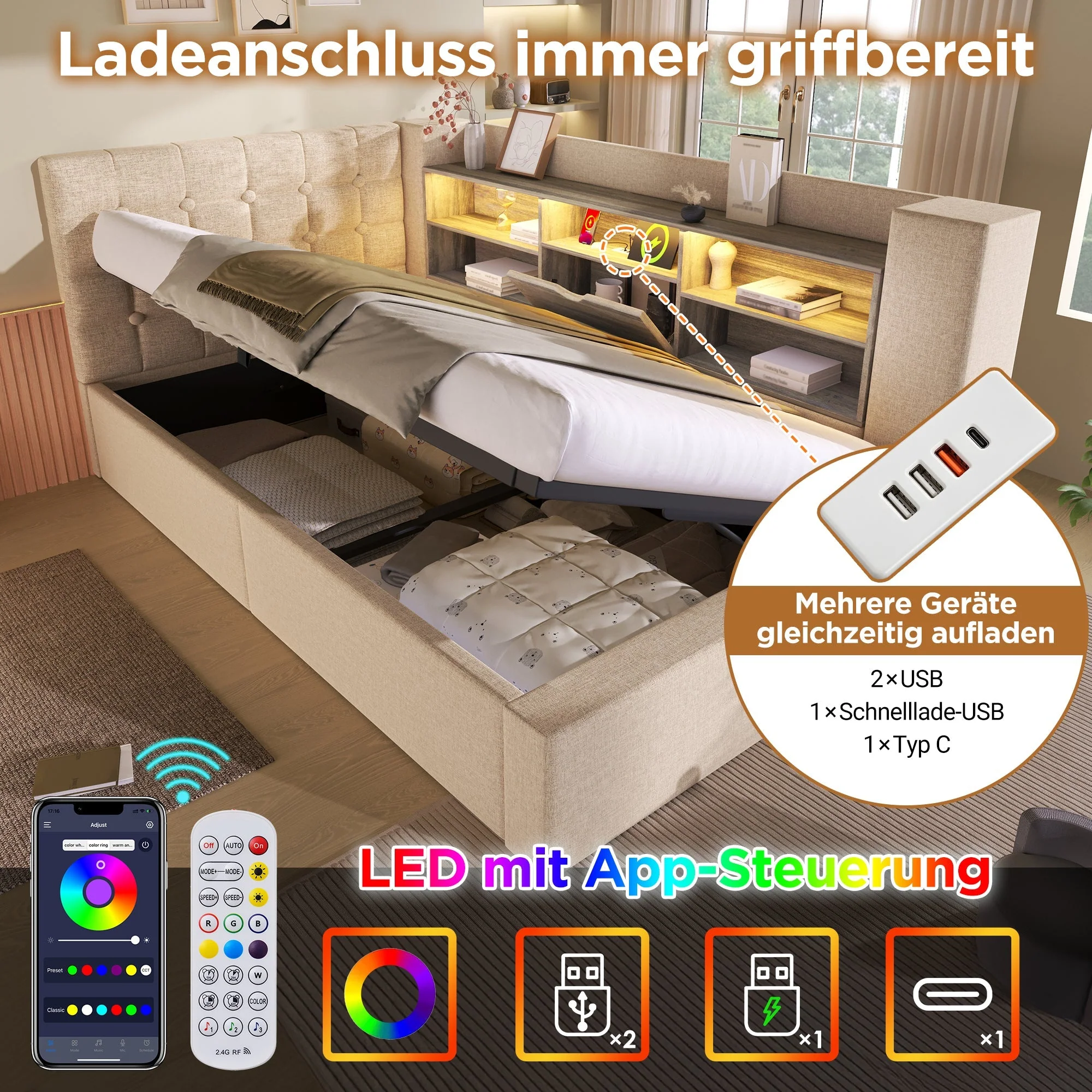 Upholstered Double Bed with LED, Hydraulic Storage and L-Shaped Headboard, 140x200cm, Beige Linen with Mattress - Image 3