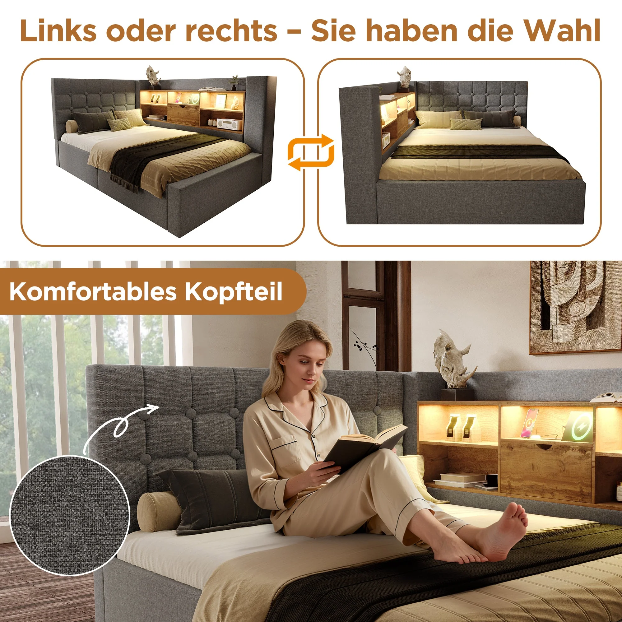 Upholstered Double Bed with LED, Hydraulic Storage, L-Shaped Headboard and Mattress, 140x200cm, Grey Linen Fabric - Image 4