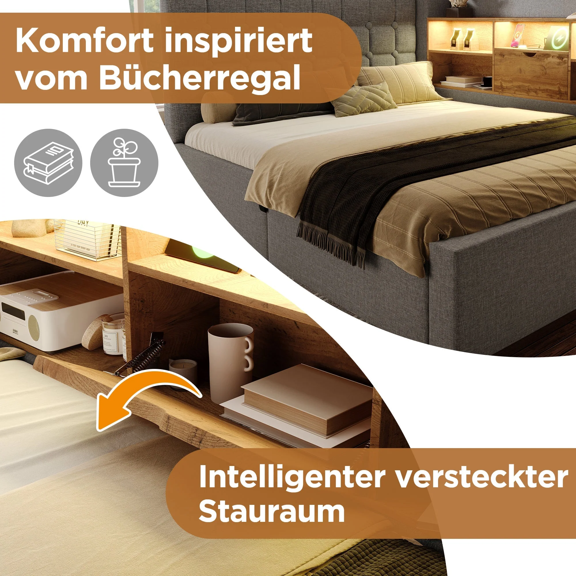Upholstered Double Bed with LED, Hydraulic Storage, L-Shaped Headboard and Mattress, 140x200cm, Grey Linen Fabric - Image 6