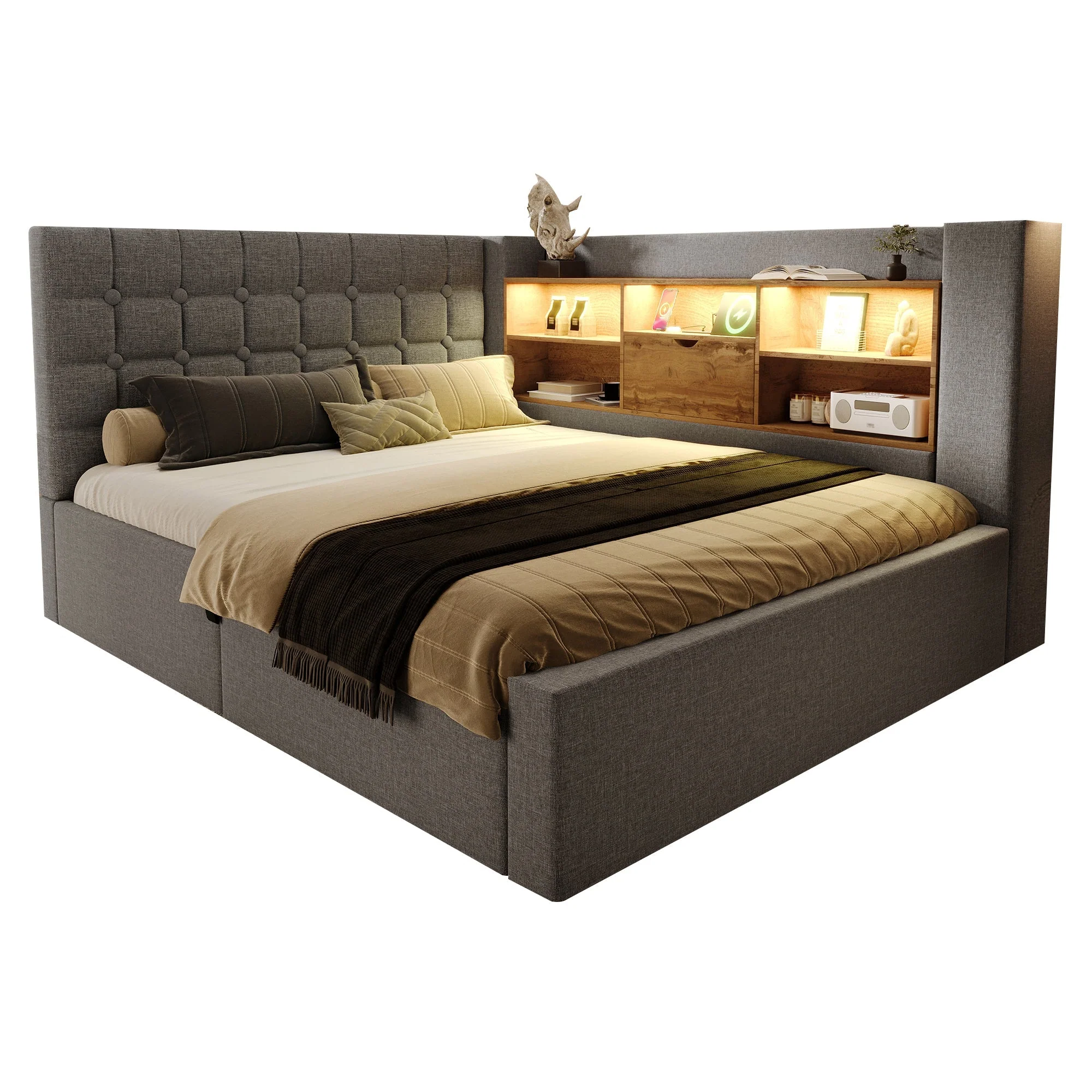 Upholstered Double Bed with LED, Hydraulic Storage, L-Shaped Headboard and Mattress, 140x200cm, Grey Linen Fabric - Image 7