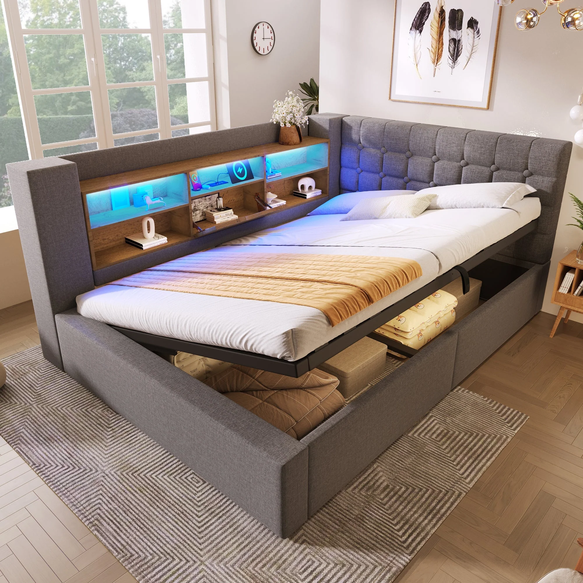 Upholstered Double Bed with LED, Hydraulic Storage, L-Shaped Headboard and Mattress, 140x200cm, Grey Linen Fabric - Image 9