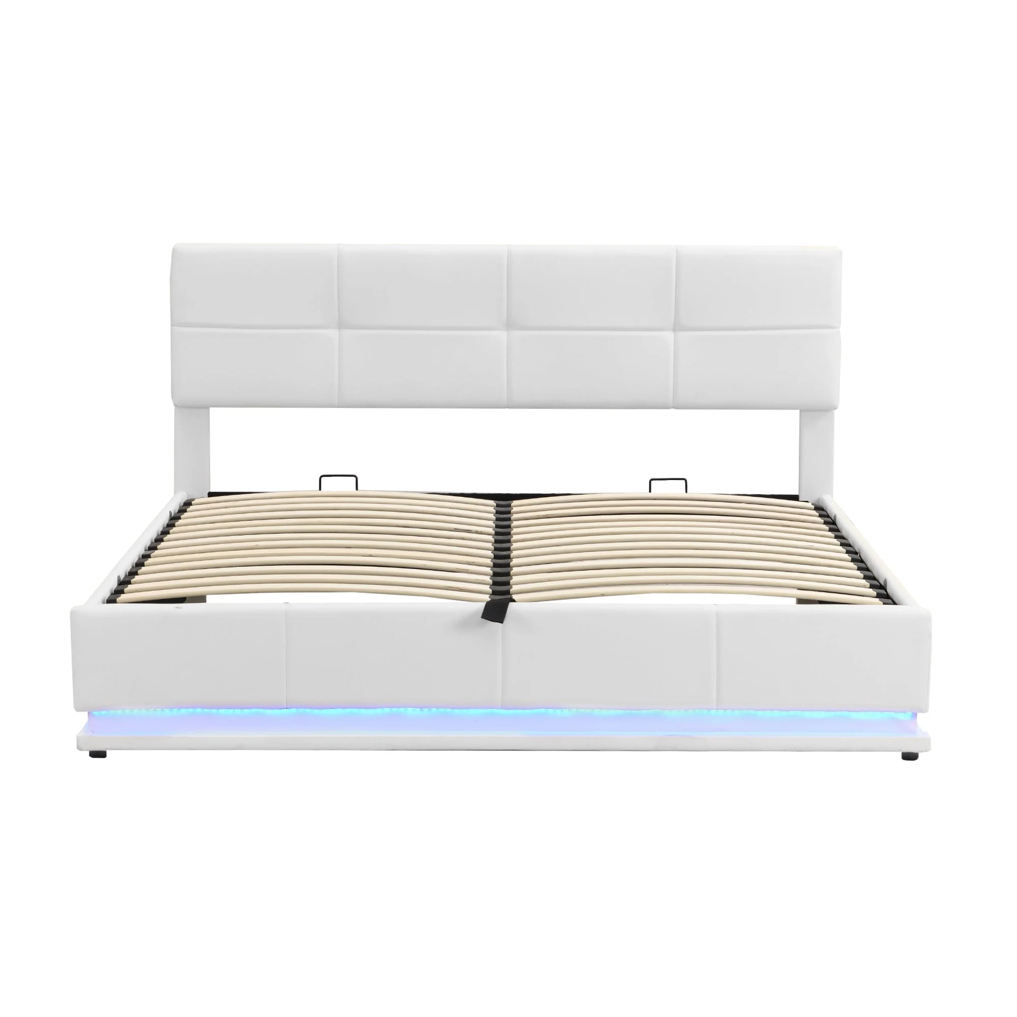 Upholstered Double Bed with LED Light Strip, 180 x 200 cm, White/Gray Faux Leather - Image 8