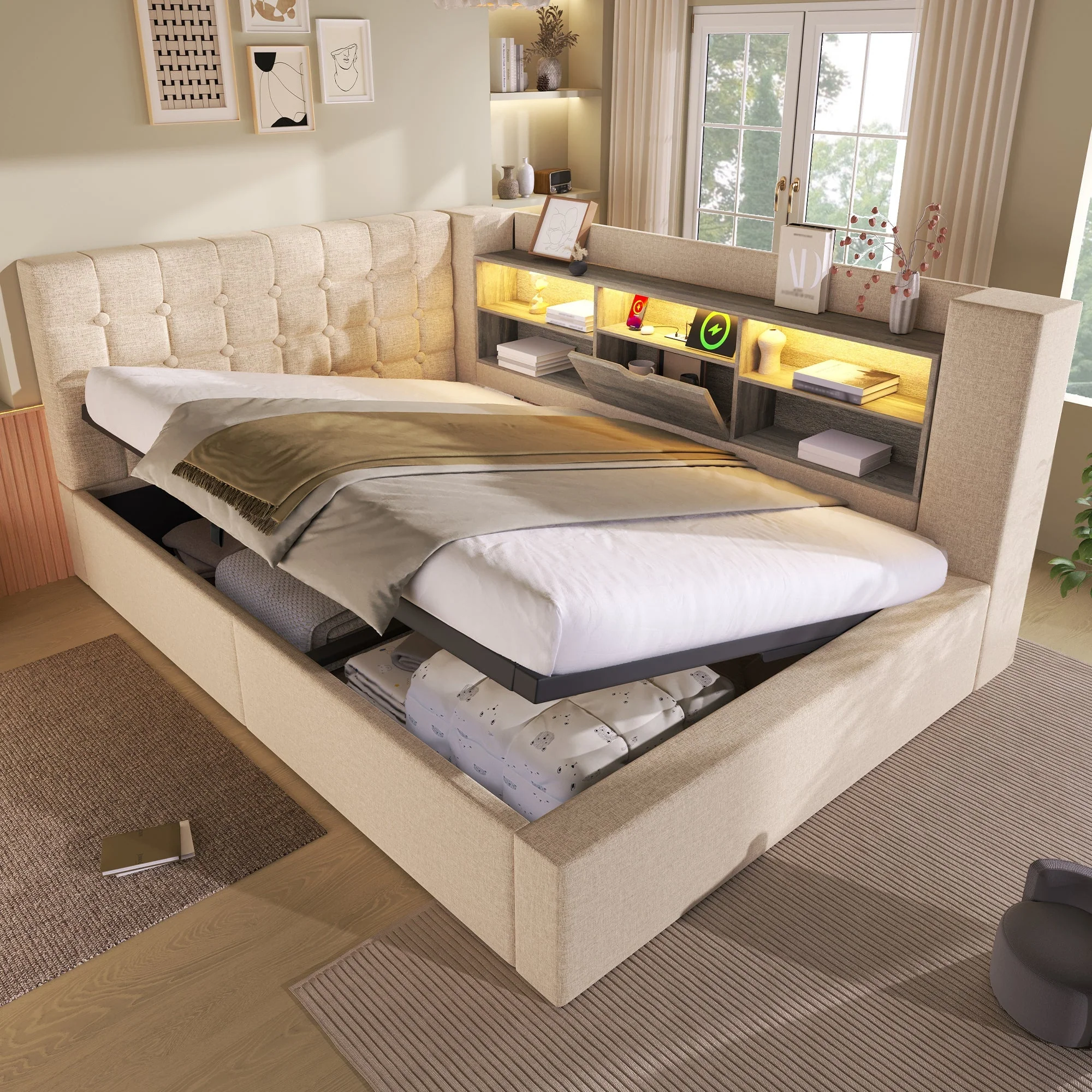 Upholstered Double Bed with LED Lighting, Hydraulic Storage and L-shaped Headboard, 140x200cm, Beige Linen - Image 9