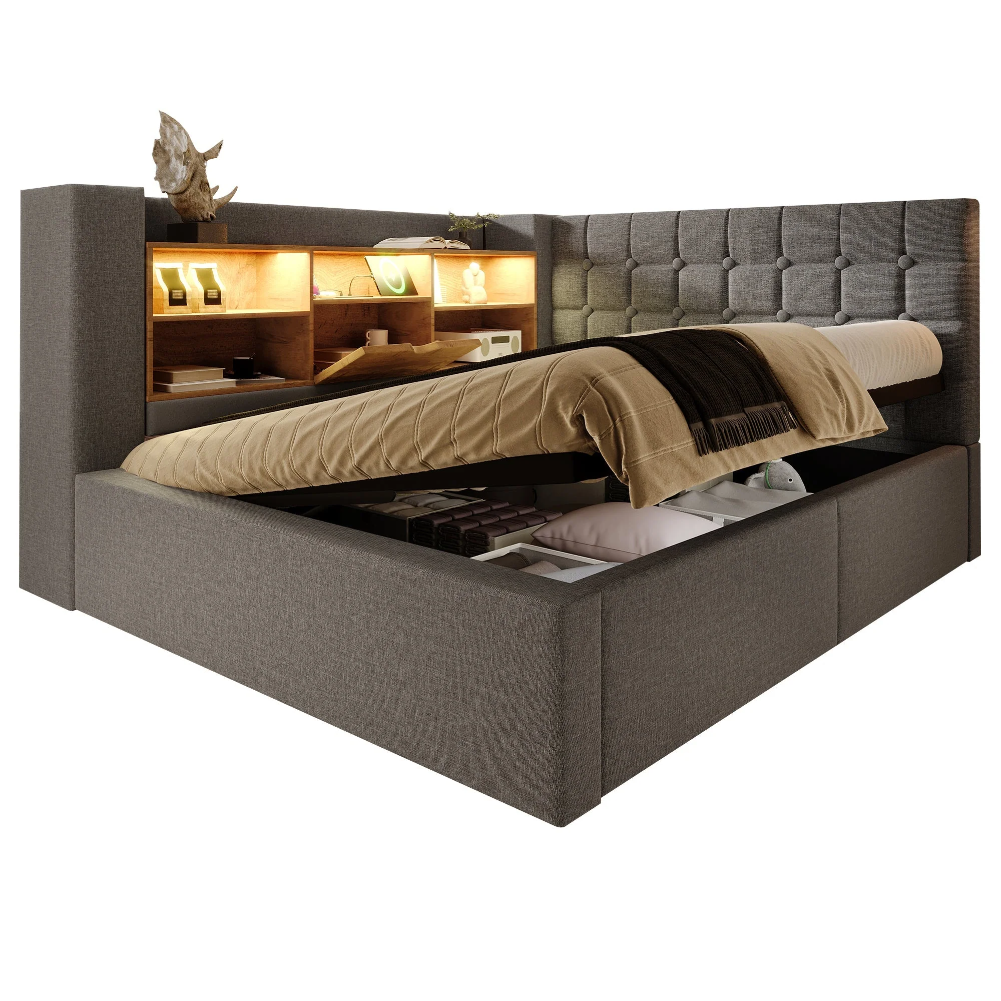 Upholstered Double Bed with LED Lighting, Hydraulic Storage and L-Shaped Headboard, 140x200cm, Grey Linen Fabric - Image 8