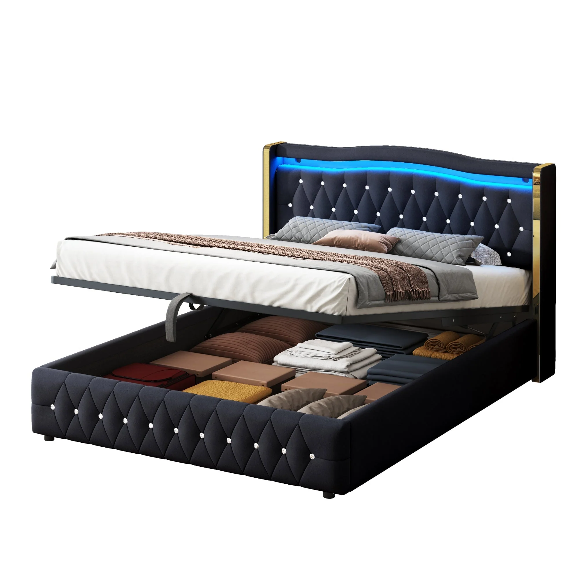 Upholstered Double Bed with LED Lights and Hydraulic Storage, Velvet - Image 10