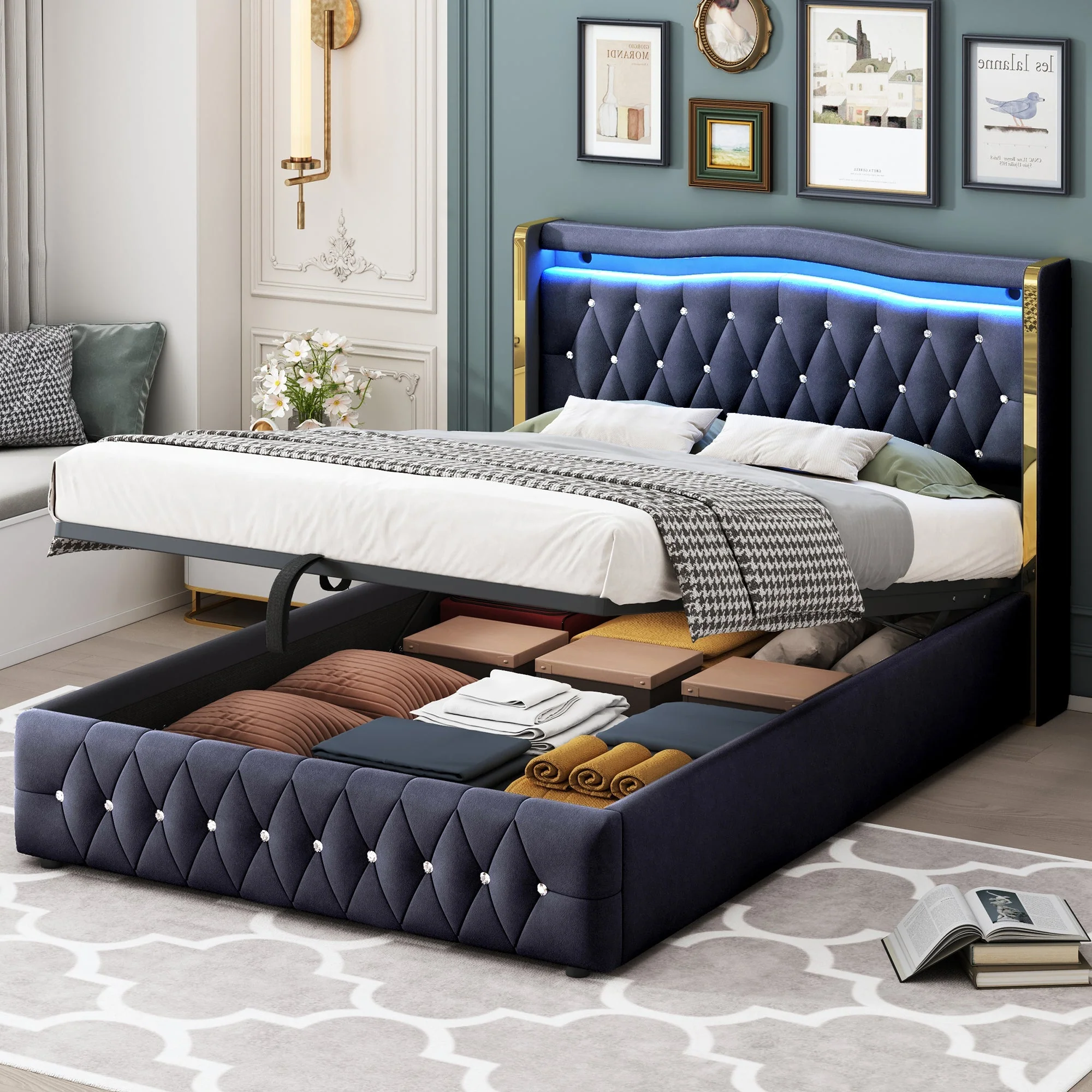 Upholstered Double Bed with LED Lights and Hydraulic Storage, Velvet - Image 2