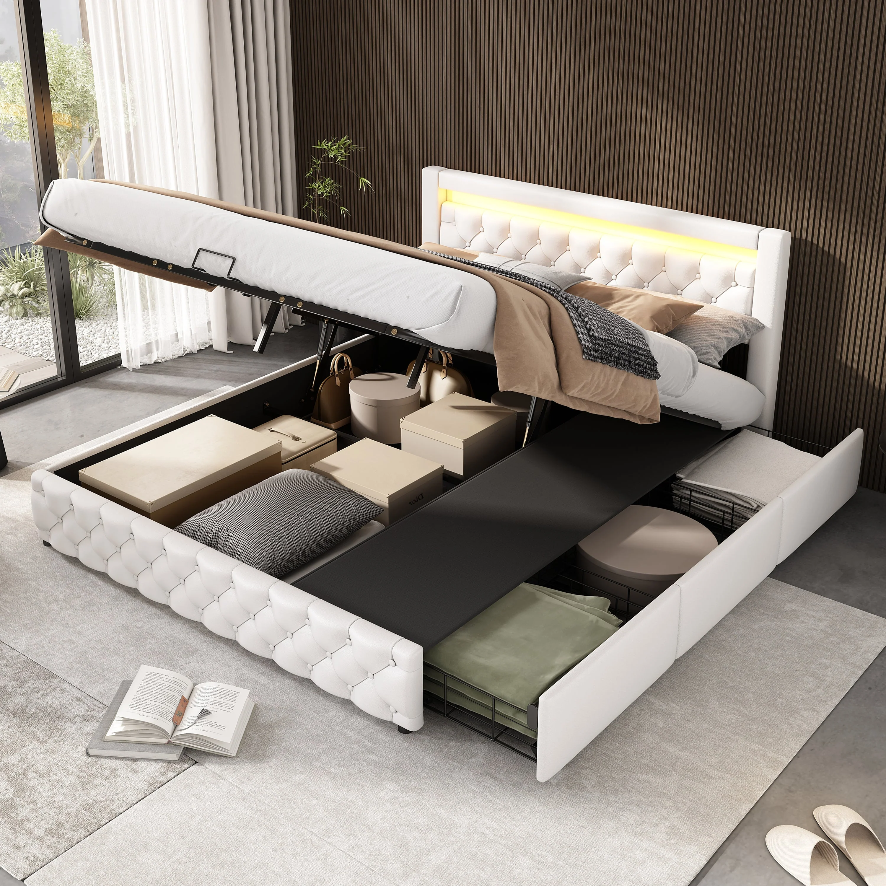 Upholstered Double Bed with LED Lights, Drawers and Slatted Frame, 160x200cm, White PU