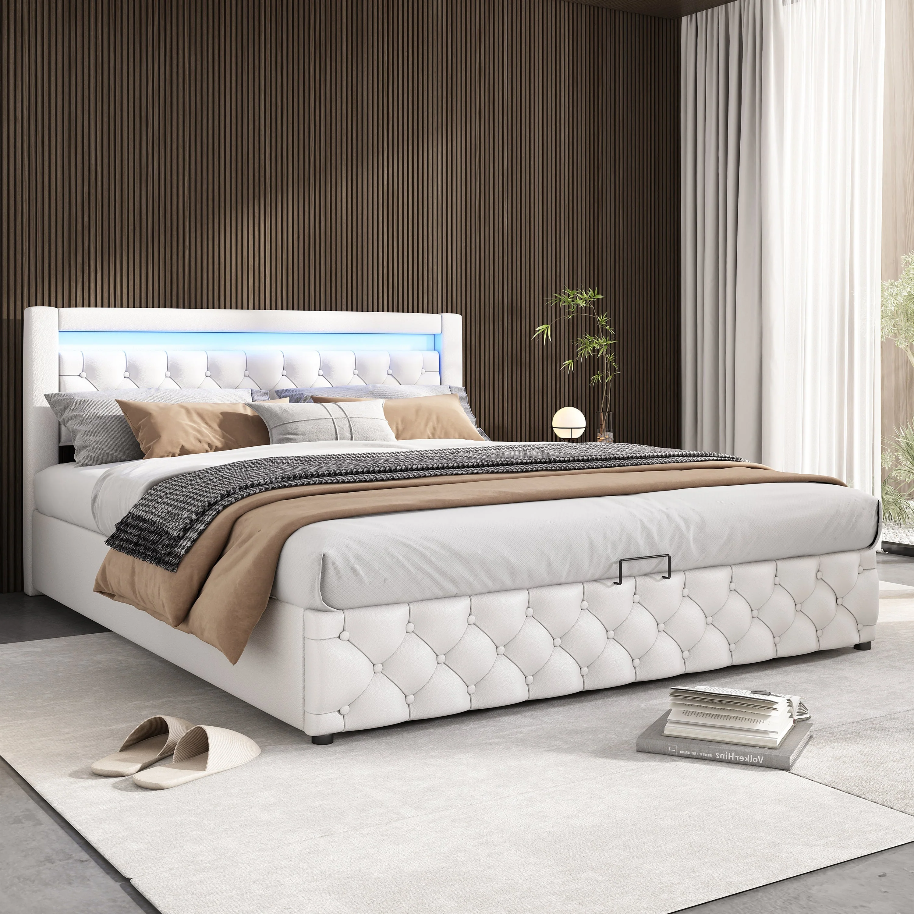 Upholstered Double Bed with LED Lights, Drawers and Slatted Frame, 160x200cm, White PU - Image 2