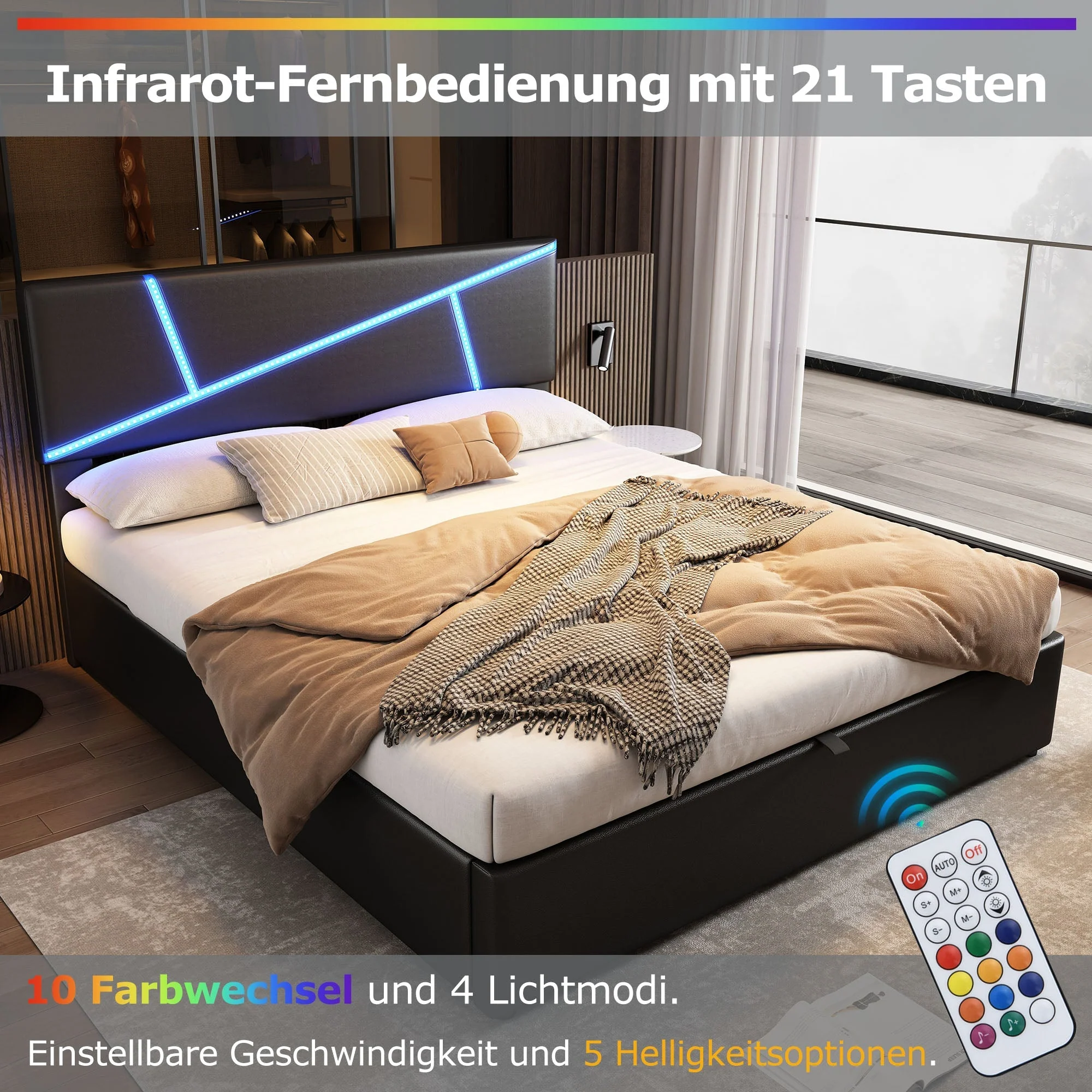 Upholstered Double Bed with LED, Slatted Frame and Hydraulic Lift, 140x200cm, Black Synthetic Leather - Image 8