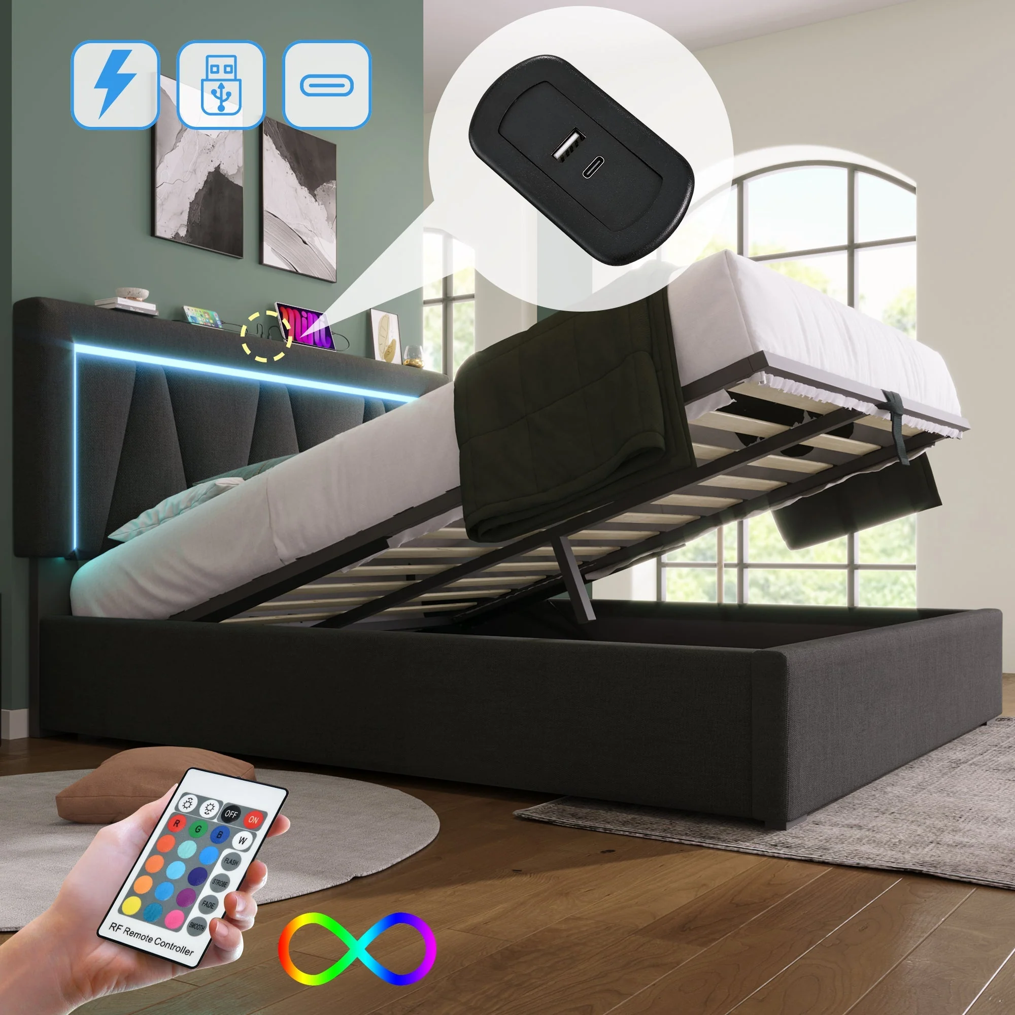 Upholstered Double Bed with LED, USB-C Charging and Storage, 160x200cm, Grey Linen (With Mattress) - Image 4