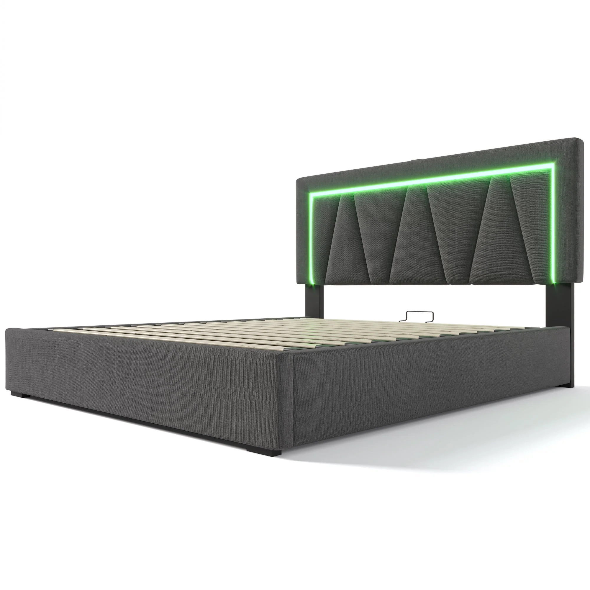 Upholstered Double Bed with LED, USB-C Charging and Storage, 160x200cm, Grey Linen (With Mattress) - Image 8
