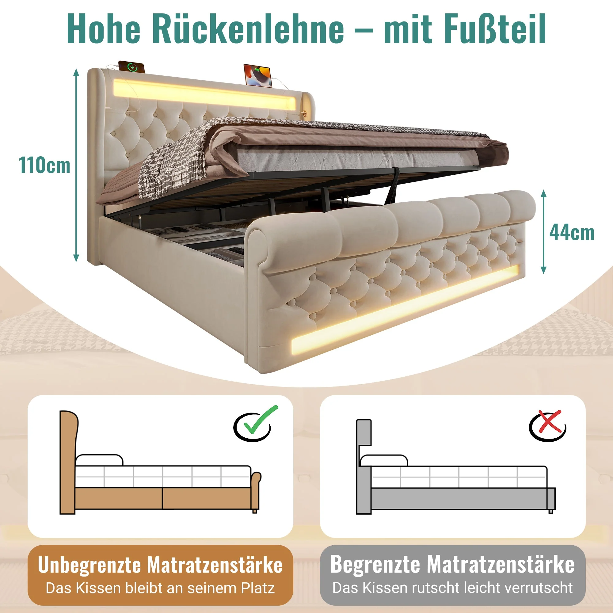 Upholstered Double Bed with LED, USB, Type-C and Hydraulic Storage, 140x190cm, Beige Velvet - Image 4