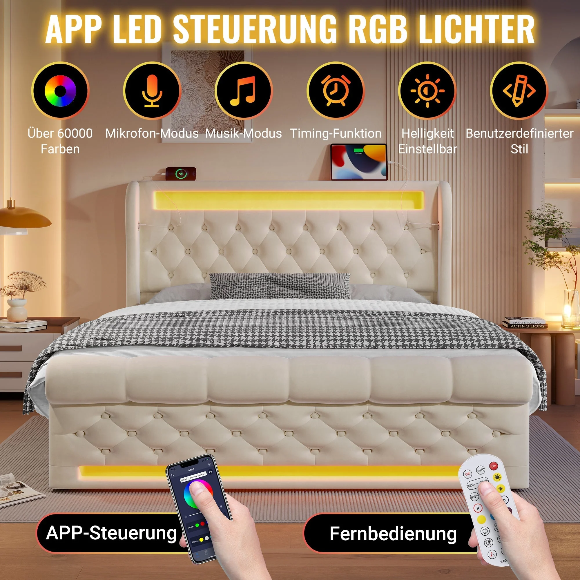 Upholstered Double Bed with LED, USB, Type-C and Hydraulic Storage, 140x190cm, Beige Velvet - Image 6
