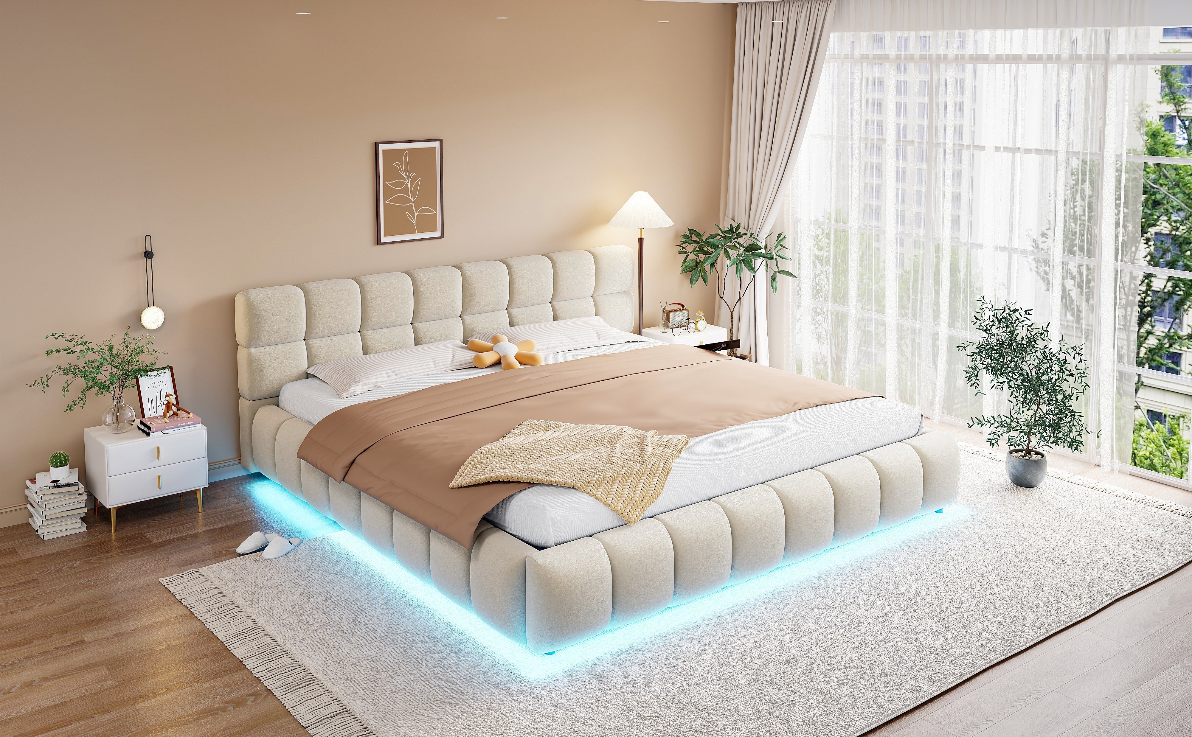 Upholstered Double Bed with Light Strip and Hydraulic Storage, 180x200cm, Beige Velvet Fabric - Image 7