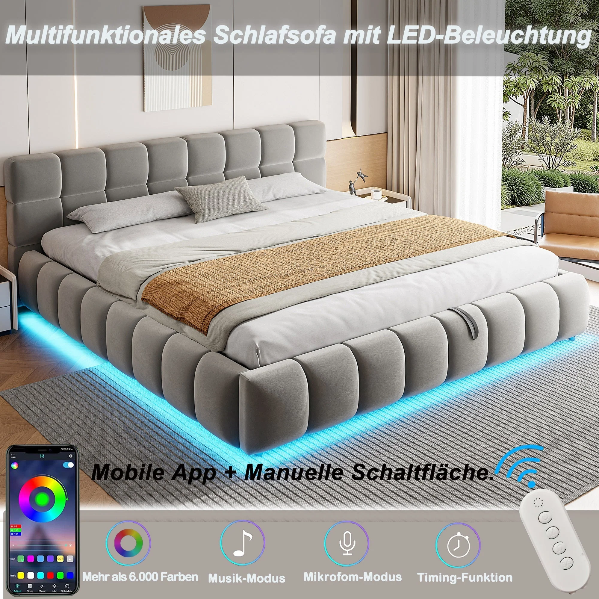 Upholstered Double Bed with Light Strip and Hydraulic Storage, 180x200cm, Grey Velvet - Image 4