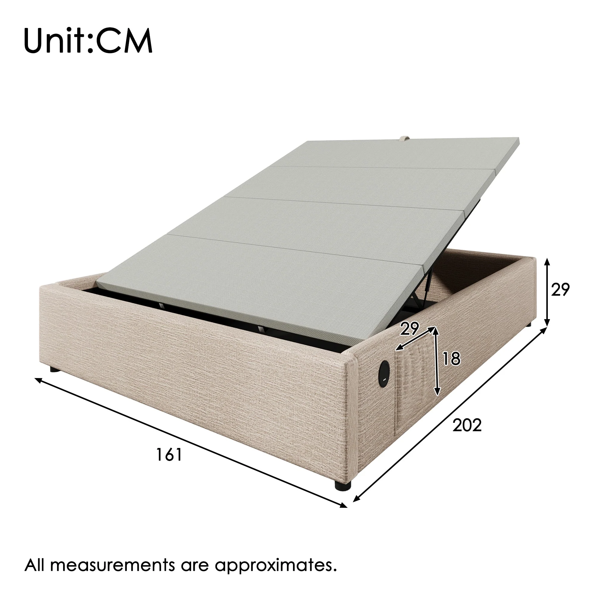 Upholstered Double Bed with Storage and USB-C, 160x200cm, Natural Linen - Image 2