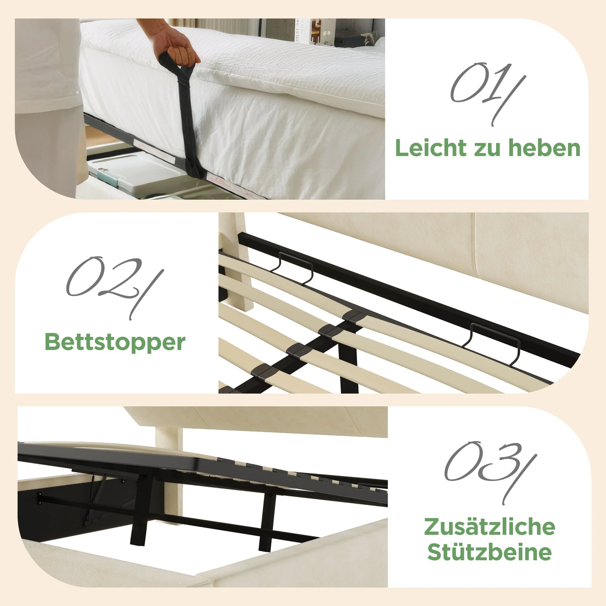 Upholstered Double Bed with Storage Headboard, Hydraulic Lift, LED and USB Charging, 180x200cm, Beige Velvet - Image 3
