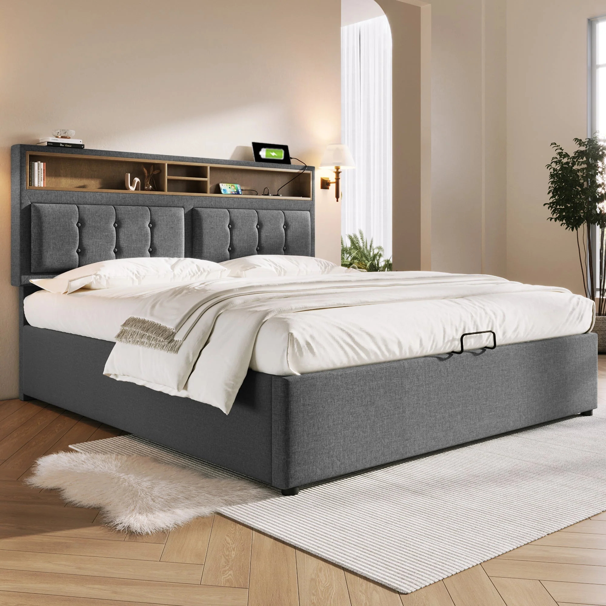 Upholstered Double Bed with USB C, Storage & Slatted Frame, Linen - Image 4