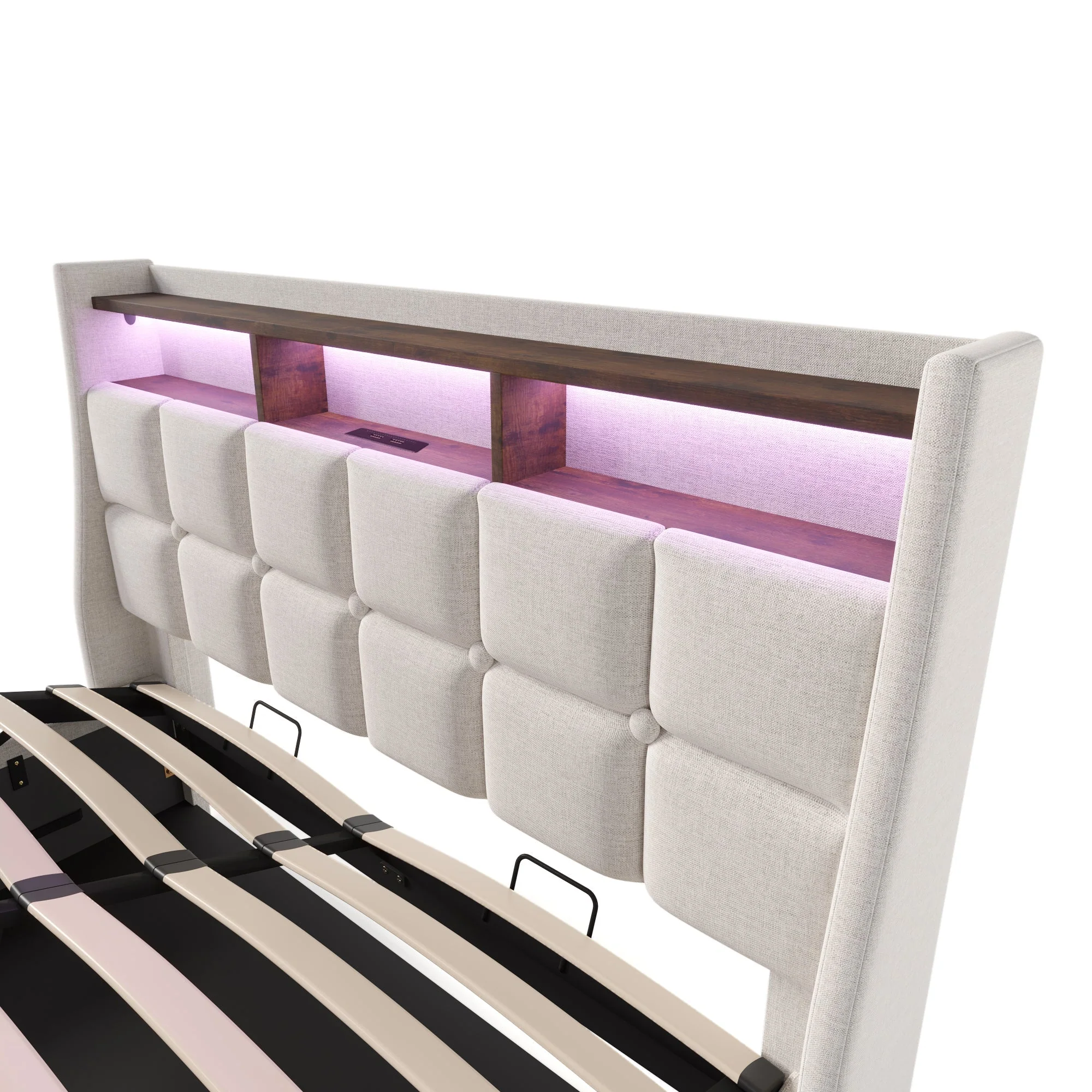 Upholstered Double Bed with USB, LED and Slatted Metal Frame, 180x200cm, Linen - Image 4