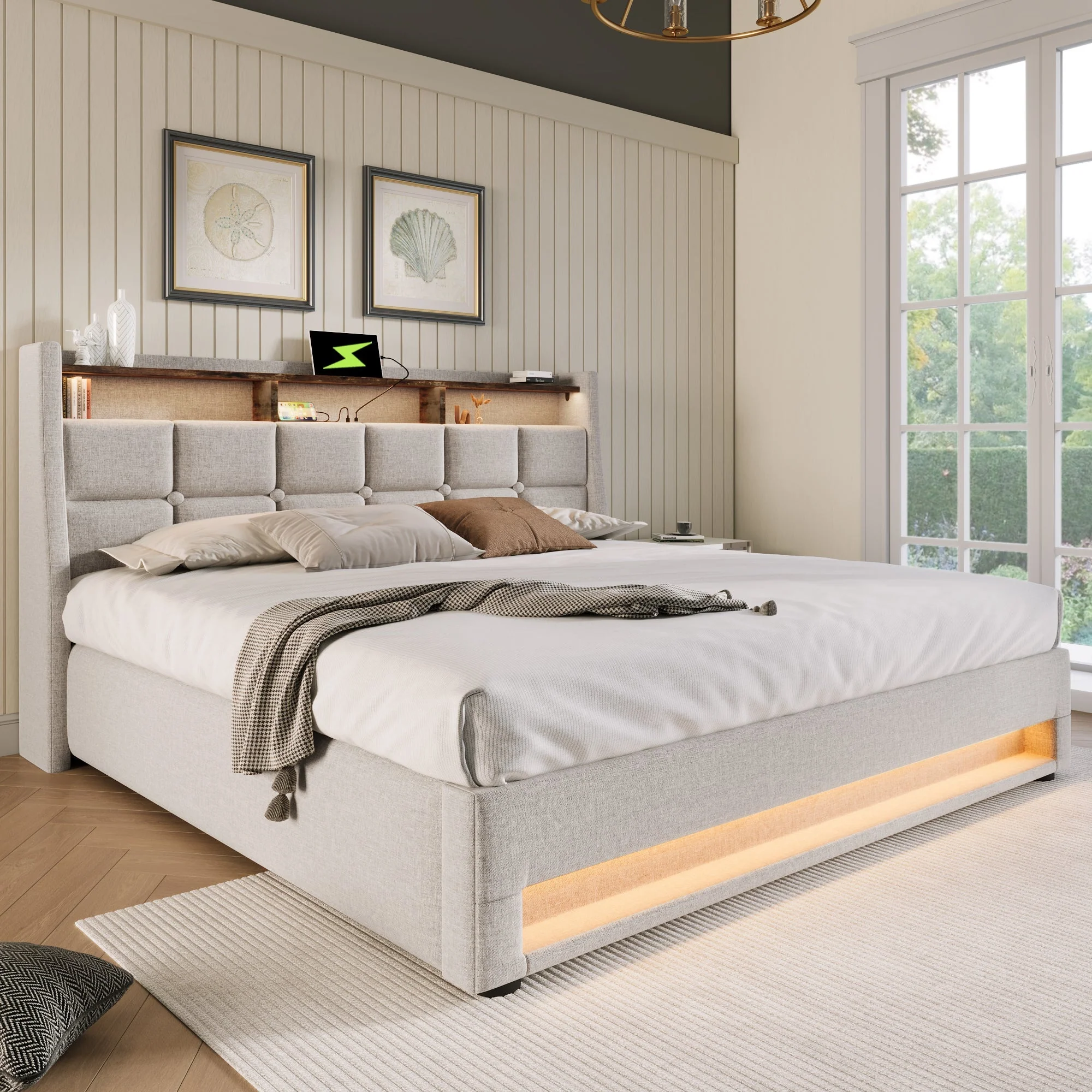 Upholstered Double Bed with USB, LED and Slatted Metal Frame, 180x200cm, Linen - Image 8