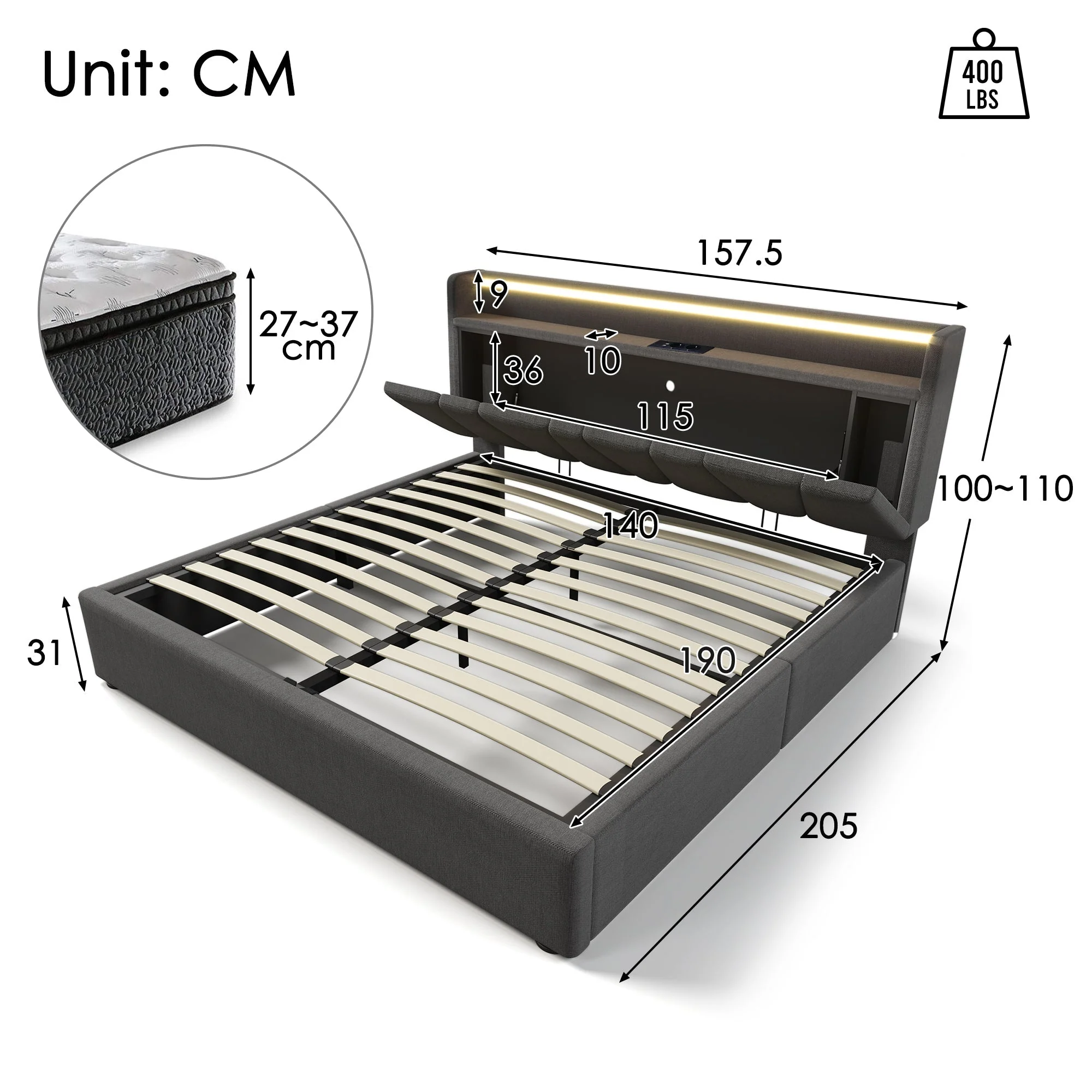 Upholstered Double Bed with USB, Storage Headboard and LED, 140x190cm, Grey Wood - Image 2