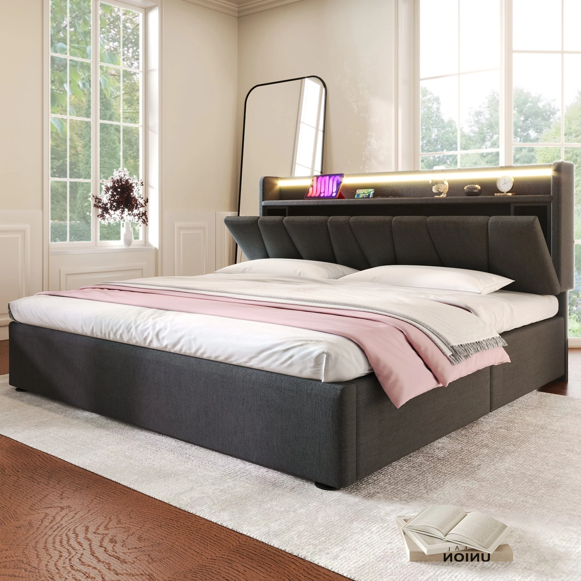 Upholstered Double Bed with USB, Storage Headboard and LED, 140x190cm, Grey Wood - Image 7