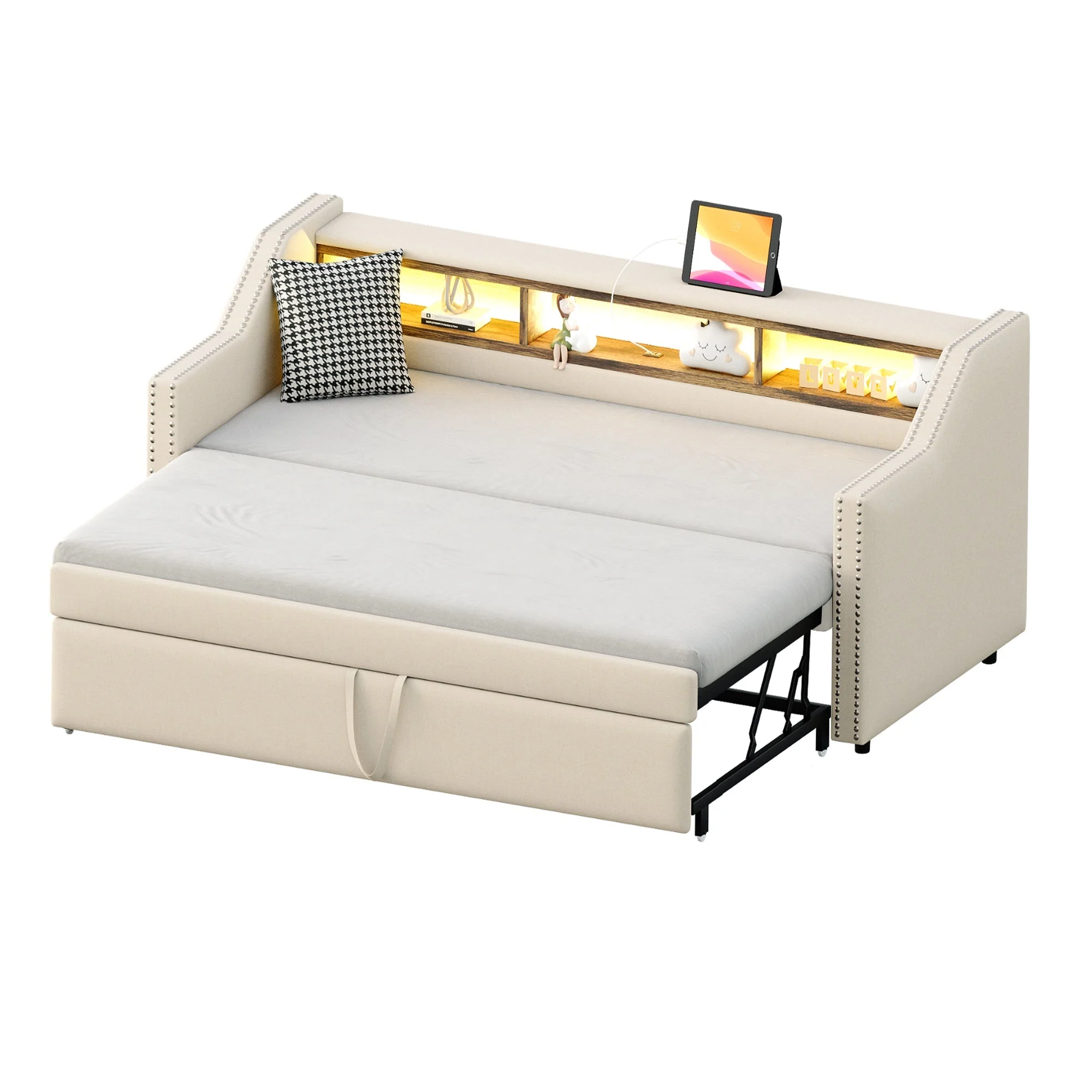 Upholstered Extendable Sofa Bed 90/180x190cm Storage LED USB - Beige - Image 10