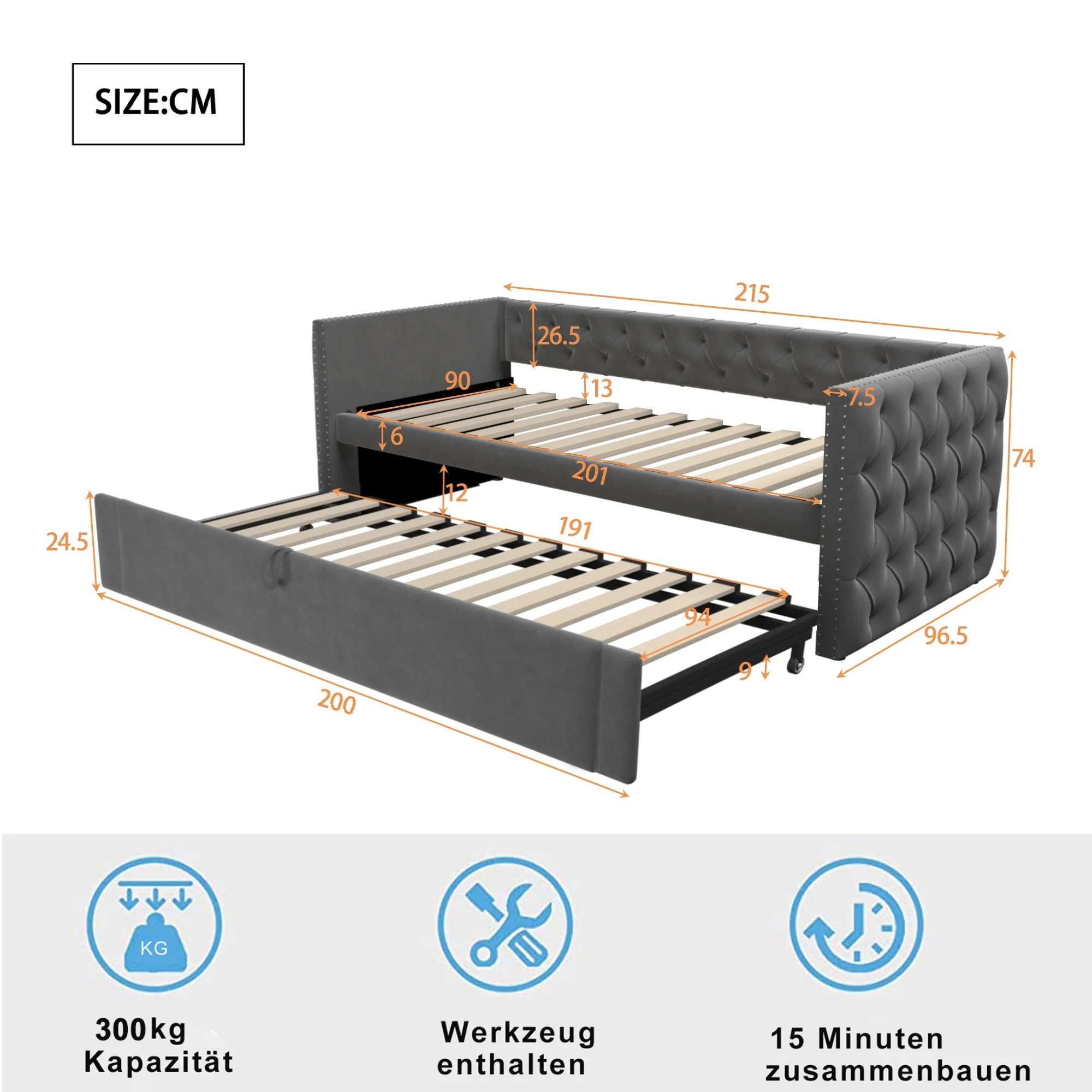 Upholstered Extendable Sofa Bed 90x200cm Multifunctional Slatted Base - Grey Velvet - Image 10