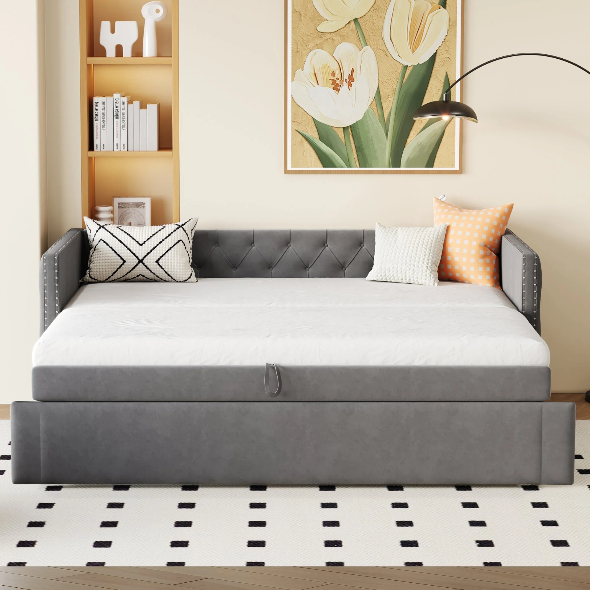 Upholstered Extendable Sofa Bed 90x200cm Multifunctional Slatted Base - Grey Velvet - Image 4