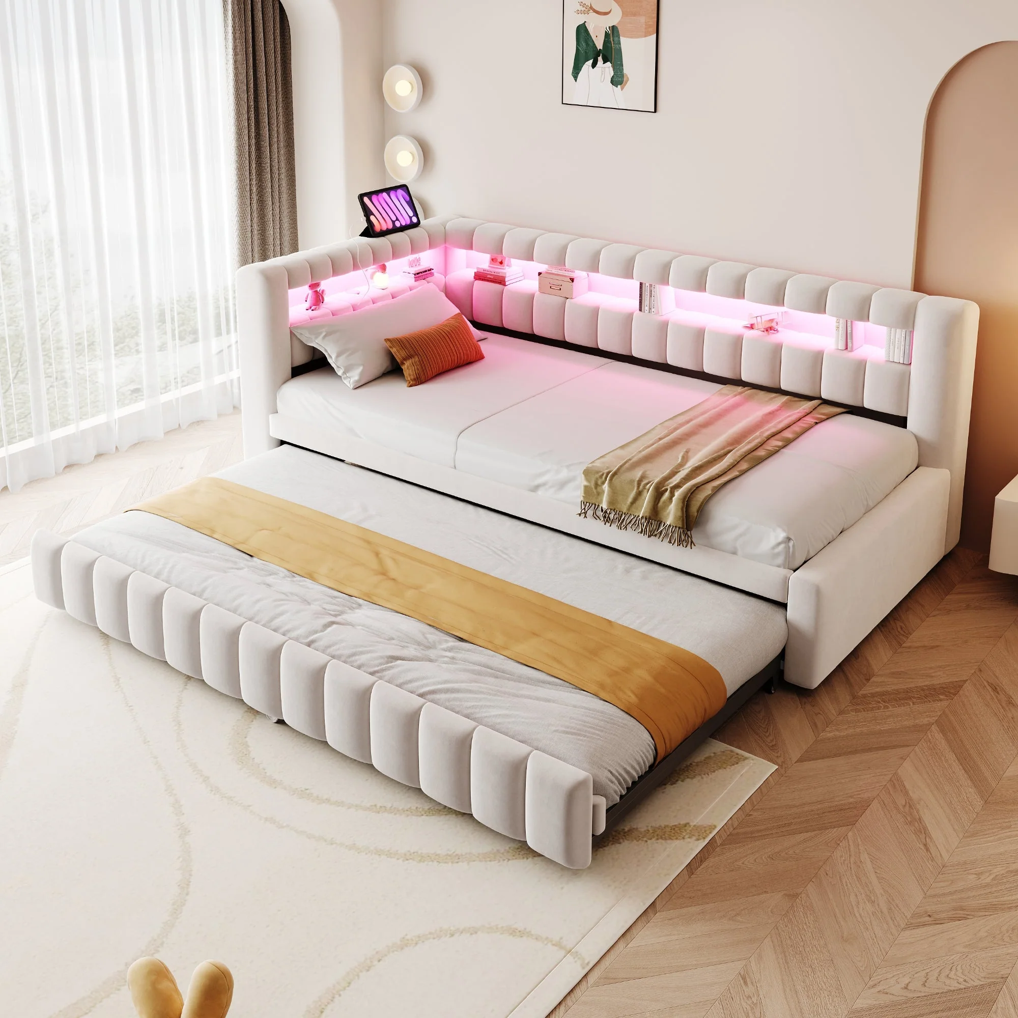 Upholstered Extendable Sofa Bed with LED and USB Port, 90x200cm, Beige Velvet - Image 2