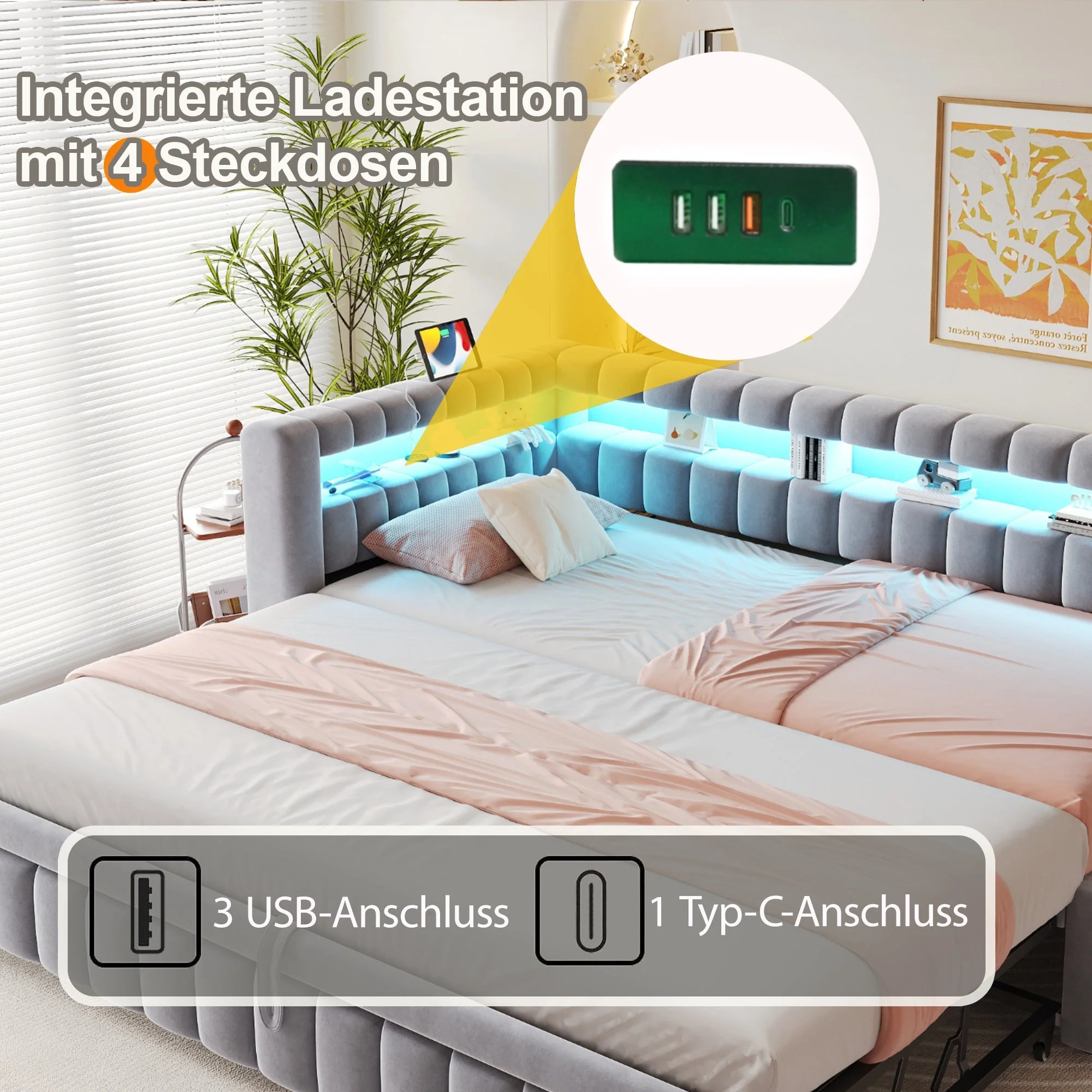 Upholstered Extendable Sofa Bed with LED Lighting, USB Port and Striped Pattern, 90x200cm, Light Grey Velvet - Image 3