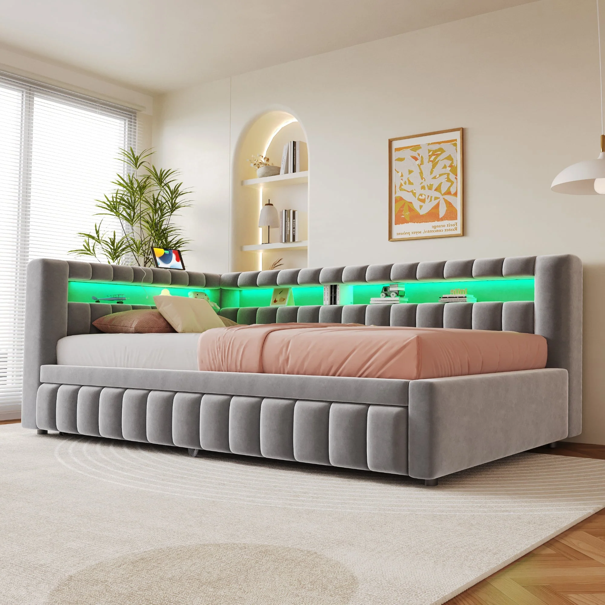 Upholstered Extendable Sofa Bed with LED Lighting, USB Port and Striped Pattern, 90x200cm, Light Grey Velvet - Image 4